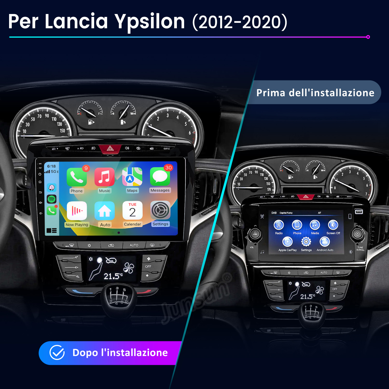 Confronto di due sistemi di infotainment Lancia Ypsilon, prima e dopo l'installazione.