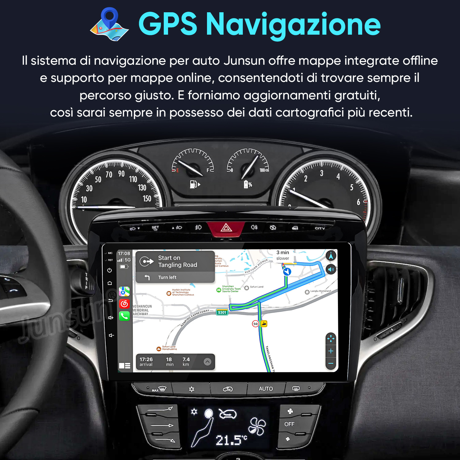 Sistema di navigazione per auto con mappa GPS, percorso e dettagli orario di arrivo.