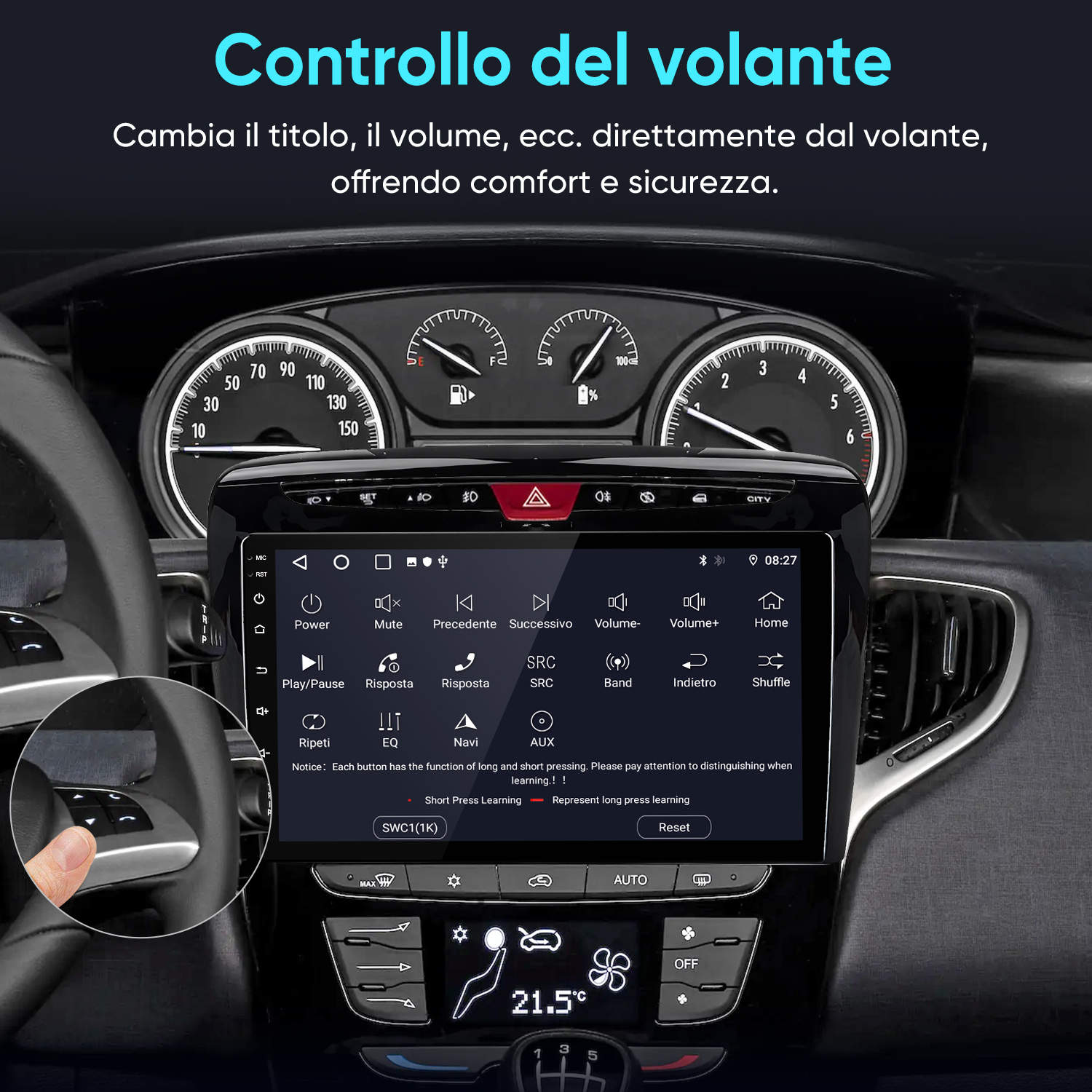 Sistema di infotainment per auto con opzioni di navigazione e multimediali.