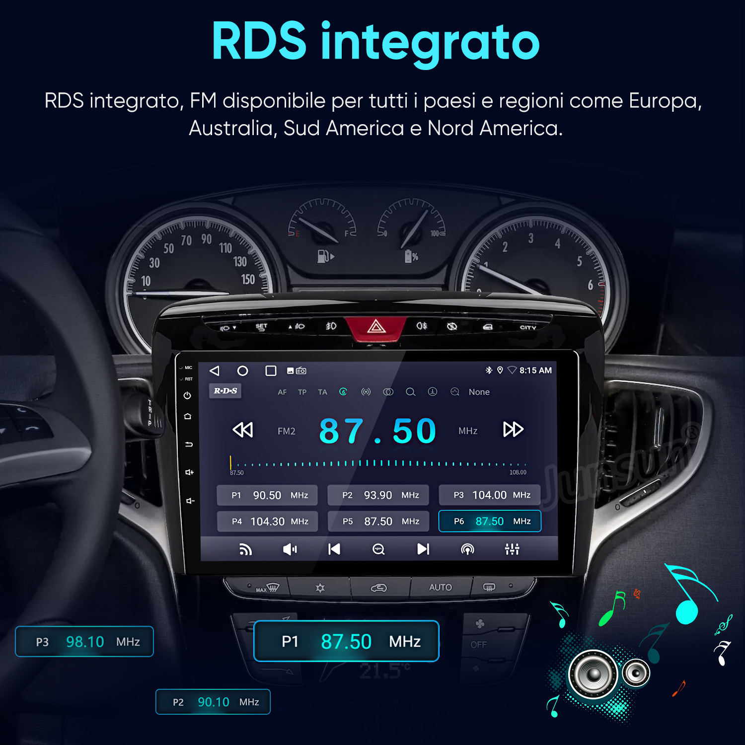 Cruscotto auto con radio RDS sintonizzata su 87,50 MHz.