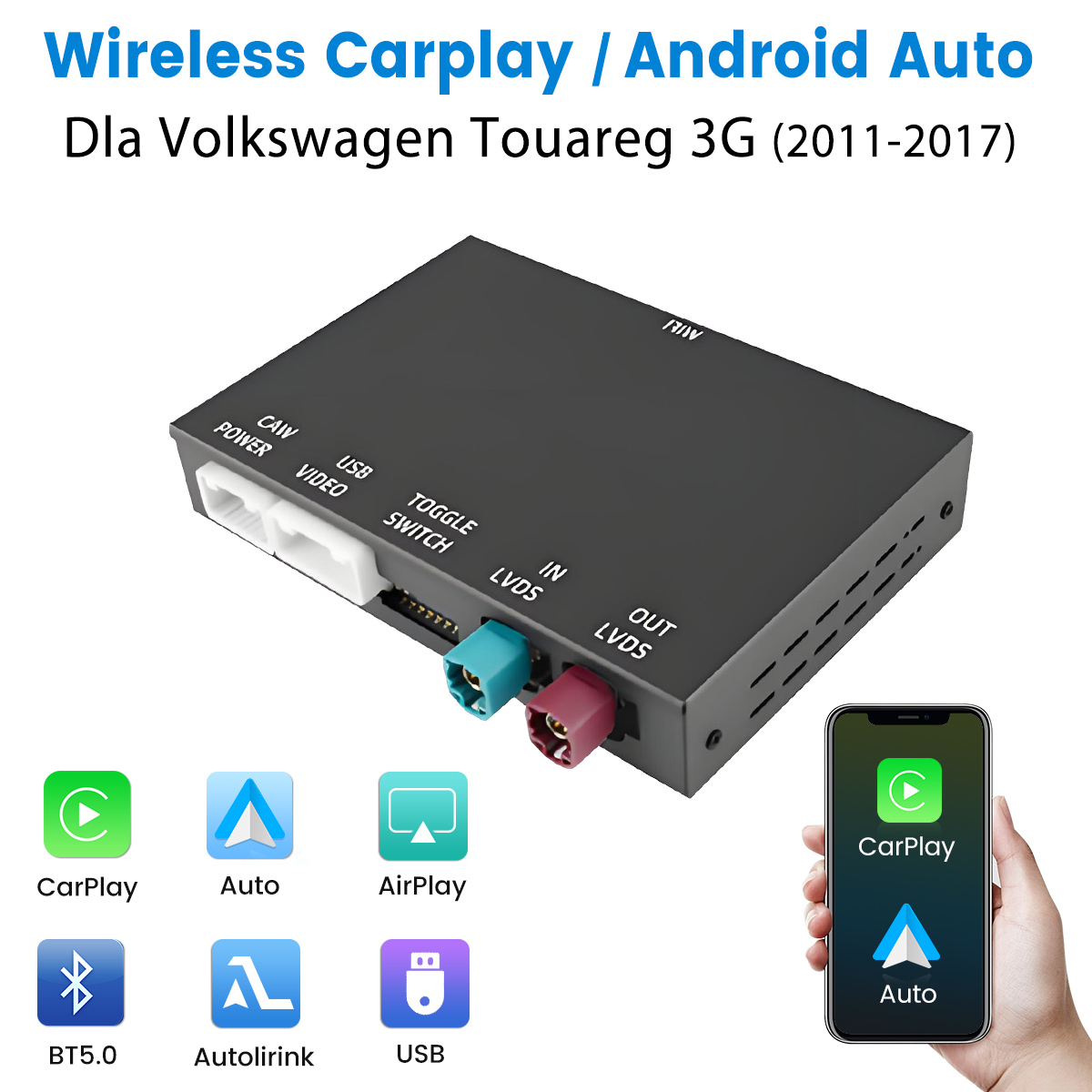 Modulo CarPlay/Android Auto per VW Touareg 3G con porte e icone.