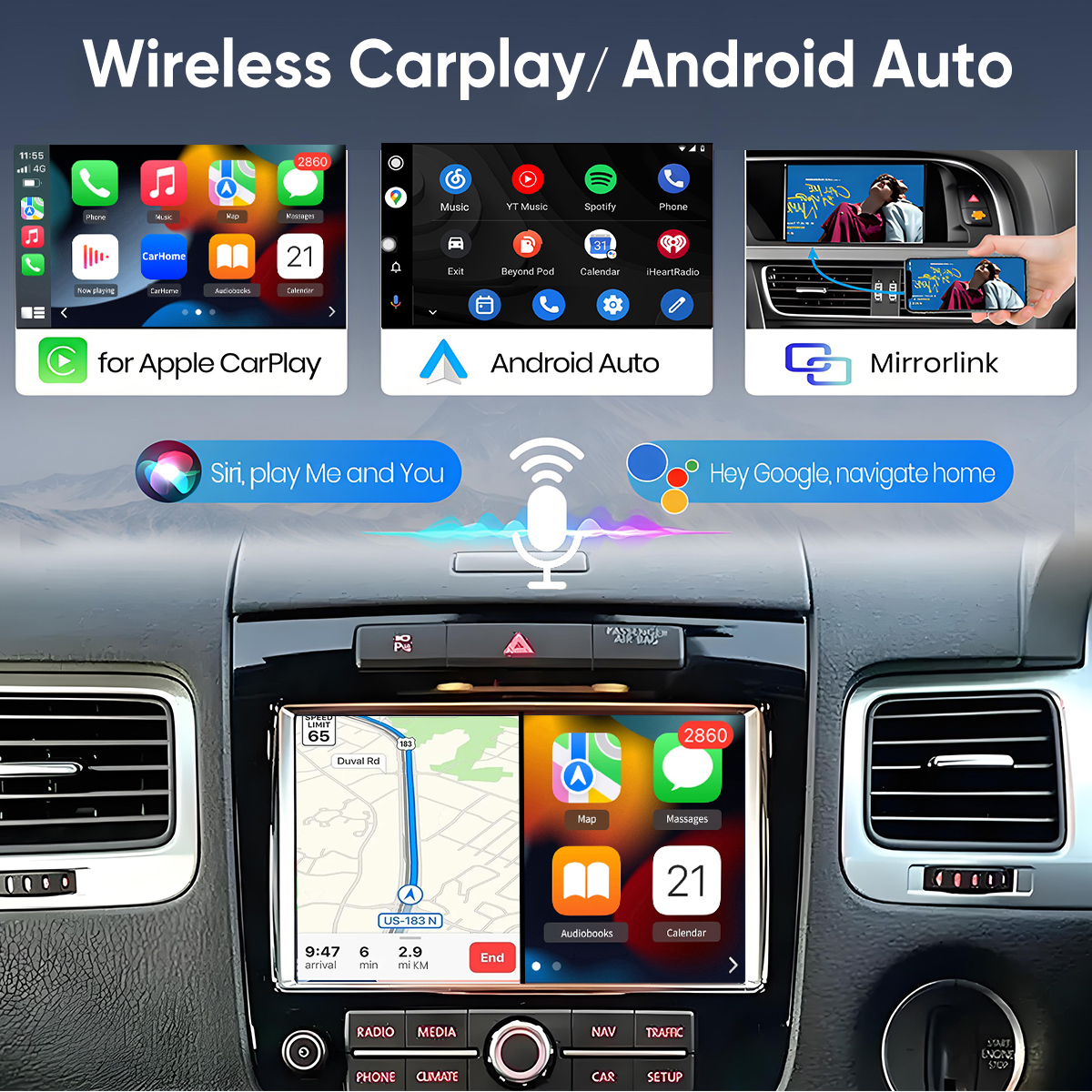 Cruscotto auto mostra display Wireless CarPlay, Android Auto e Mirrorlink. Comandi vocali mostrati.