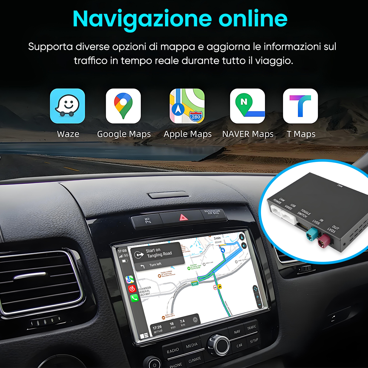 Cruscotto con app di navigazione e unità di controllo.
