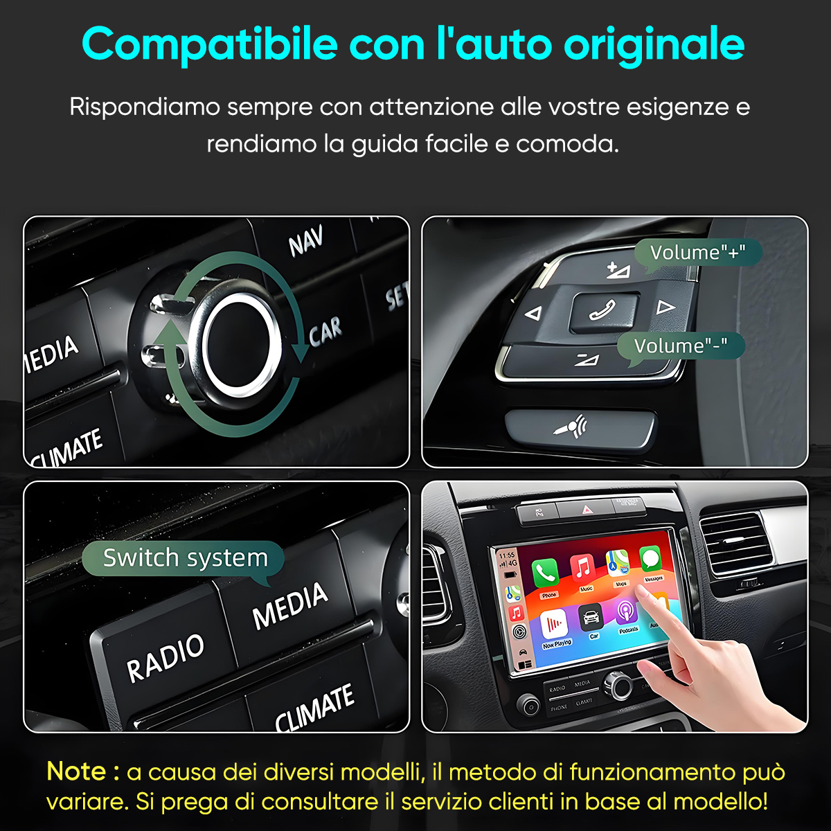 Quattro immagini mostrano i controlli interni dell'auto: manopola volume, tasti volante, clima e touchscreen.
