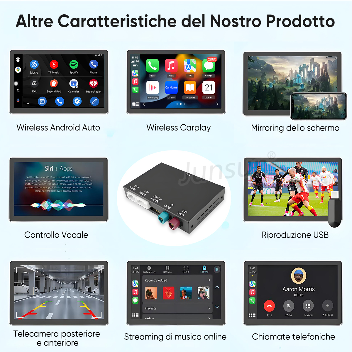 Caratteristiche prodotto: Android Auto, Carplay, mirroring schermo, controllo vocale, riproduzione USB, telecamere, musica, chiamate.