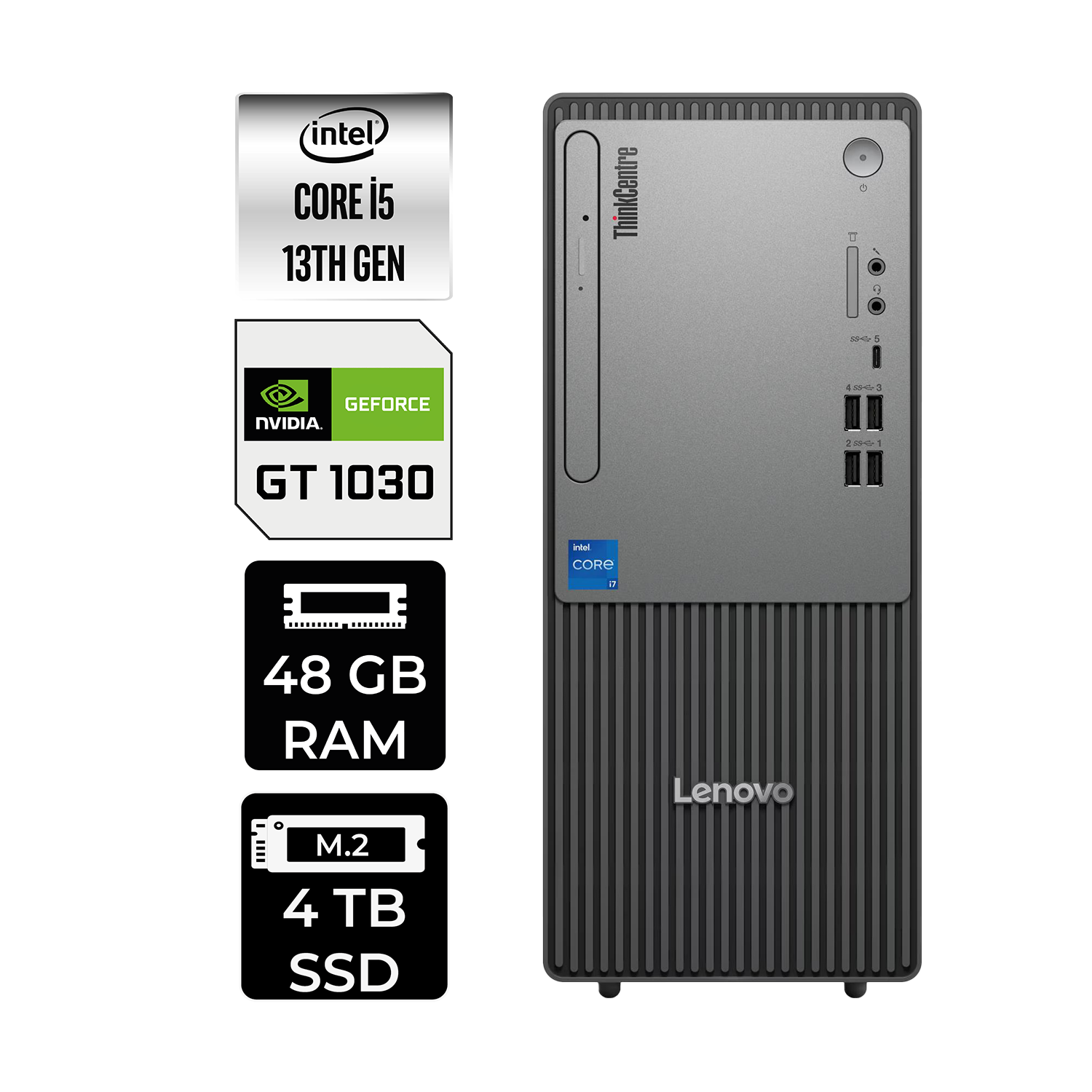 Intel Core i5 13. Nesil, Nvidia GT 1030, 48 GB RAM, 4 TB SSD'li Lenovo ThinkCentre masaüstü.