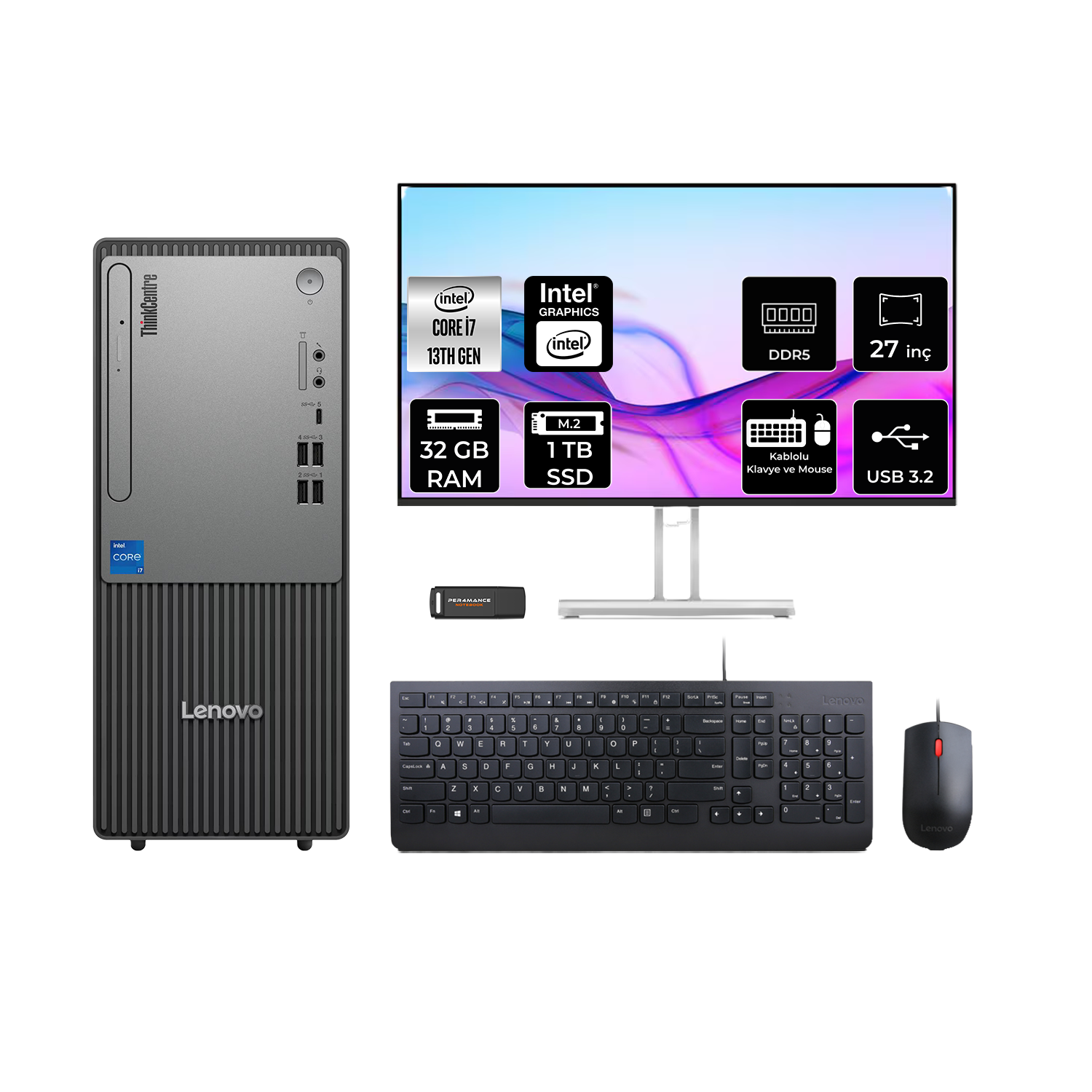 Intel Core i7 işlemcili Lenovo PC, 32 GB RAM, 1 TB SSD, 27 inç monitör, klavye ve fare.