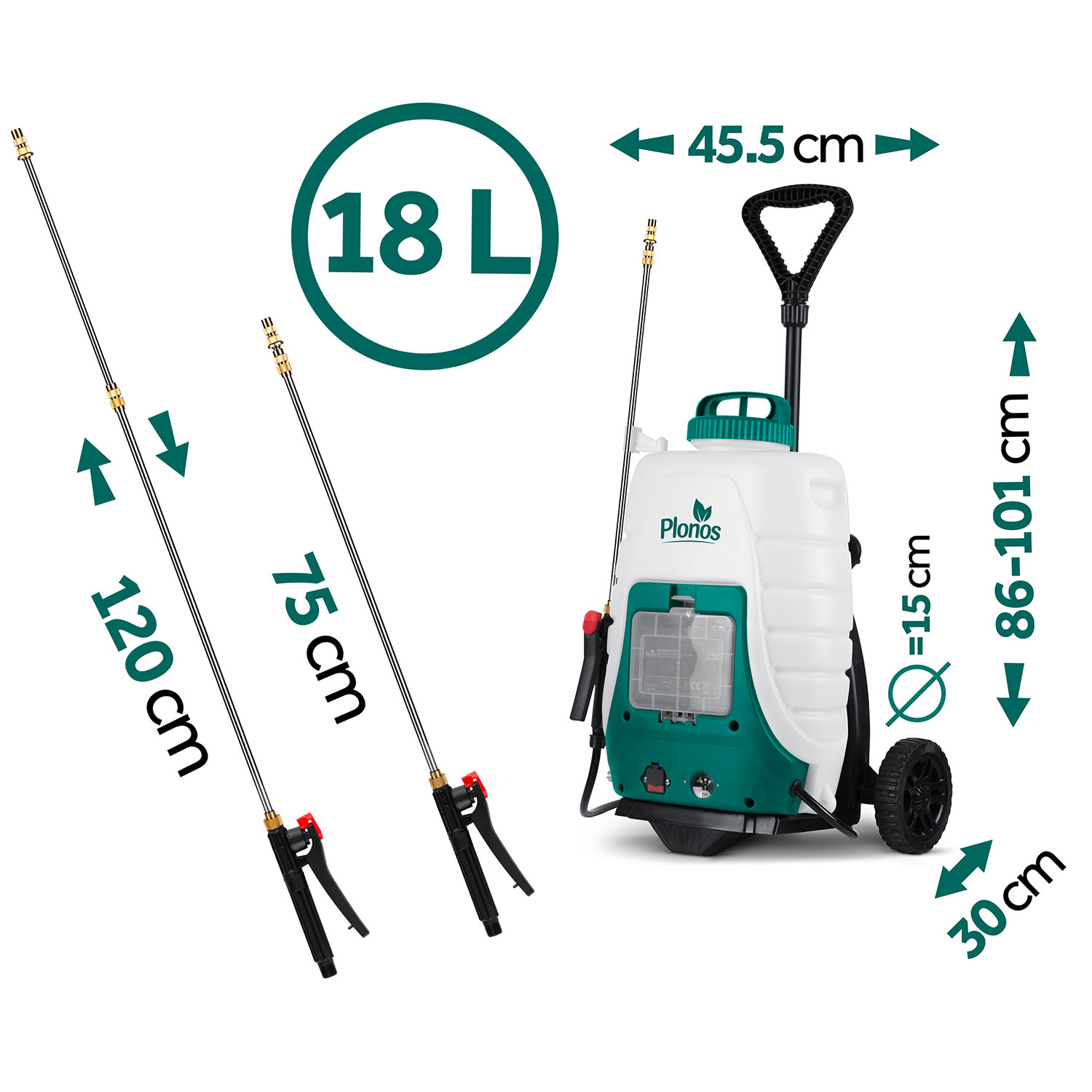 Opryskiwacz 18L z lancami 120cm i 75cm. Wymiary 45,5x15x86-101cm.