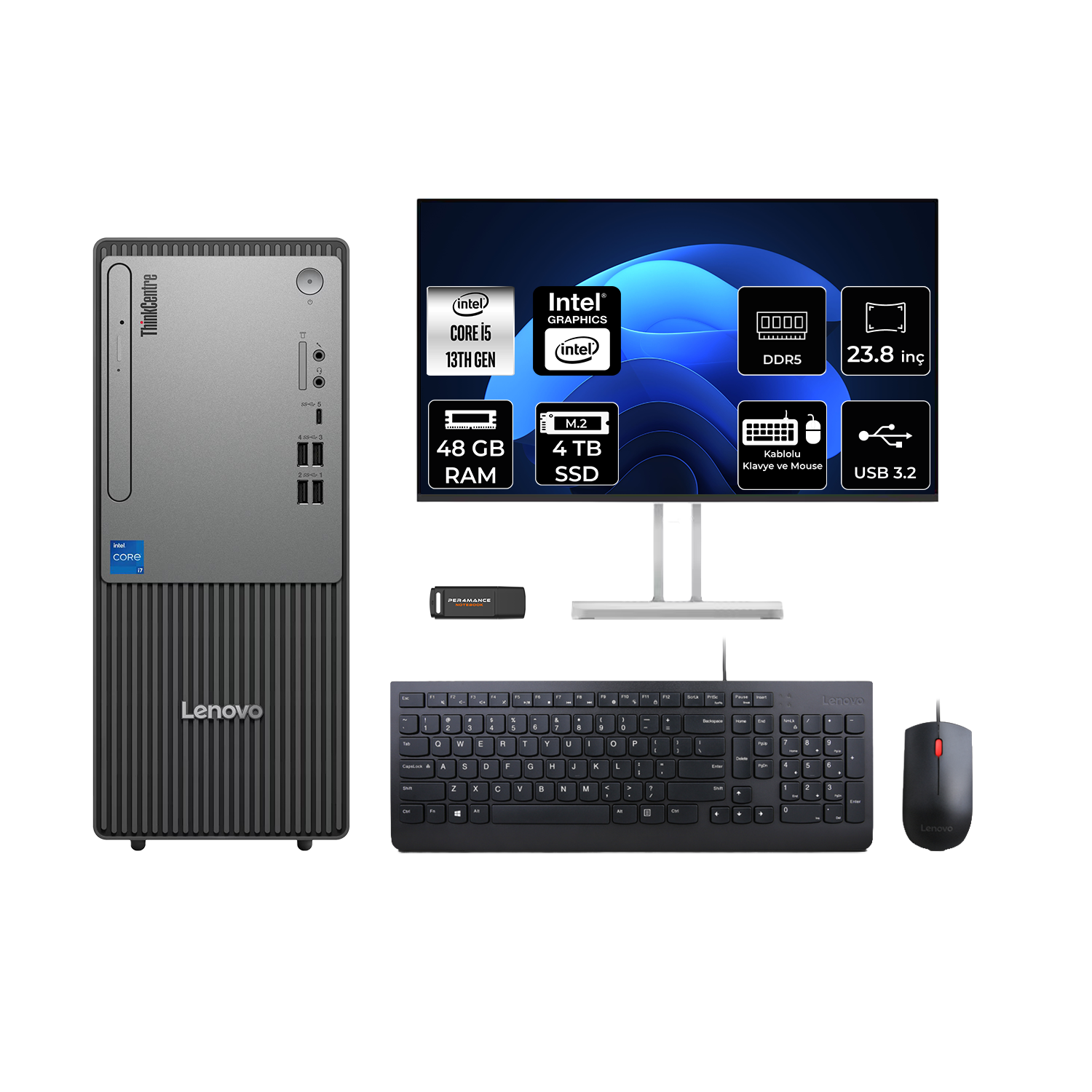 Intel Core i5 işlemcili, 48 GB RAM, 4 TB SSD, klavyeli ve mouselu Lenovo masaüstü bilgisayar.