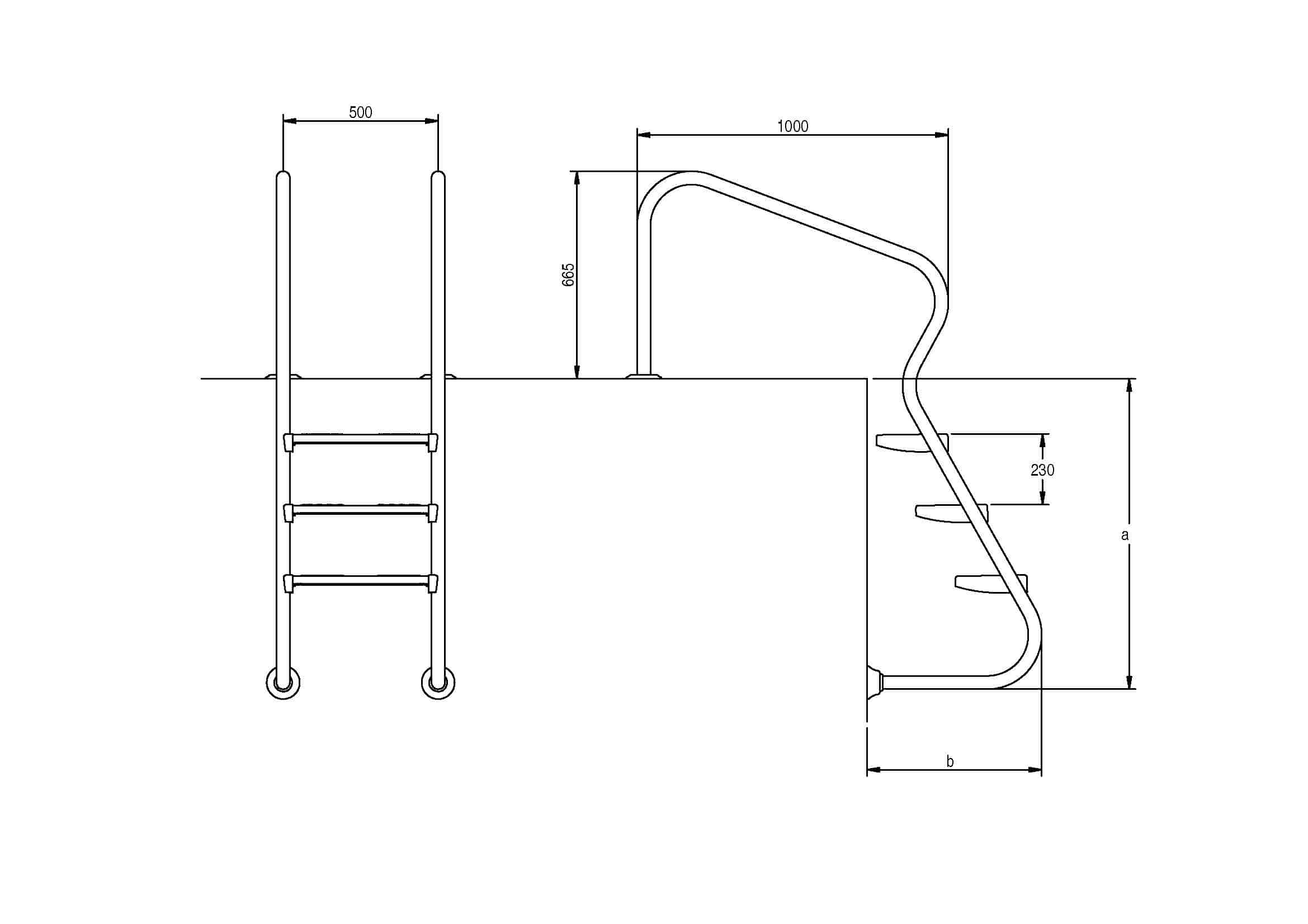 Disegno tecnico di una scala e un corrimano con dimensioni.