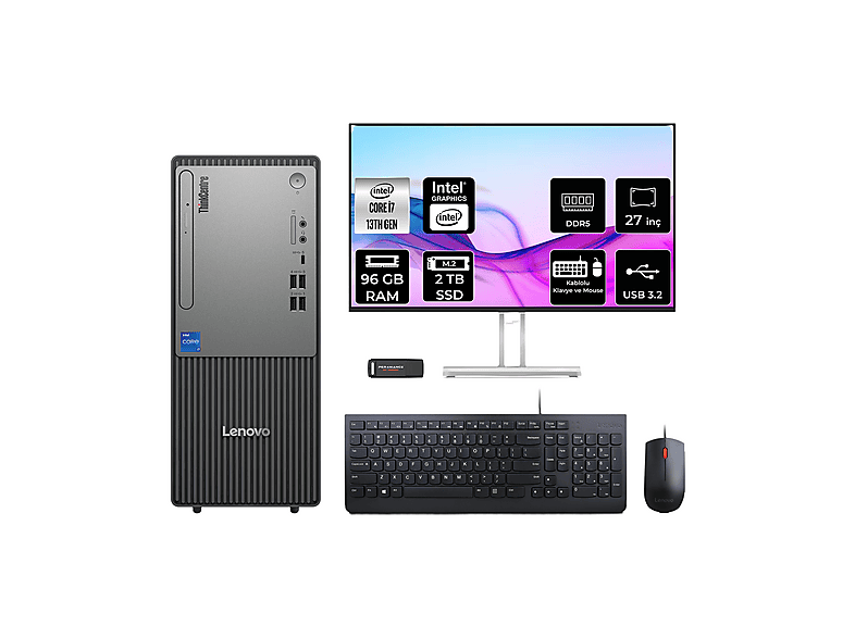 LENOVO ThinkCentre Neo 50T 27" 12UB000HTRP919 PER4 Bellek Intel Core i7-13700 96 GB RAM 2 TB SSD FreeDOS Masaüstü Bilgisayar