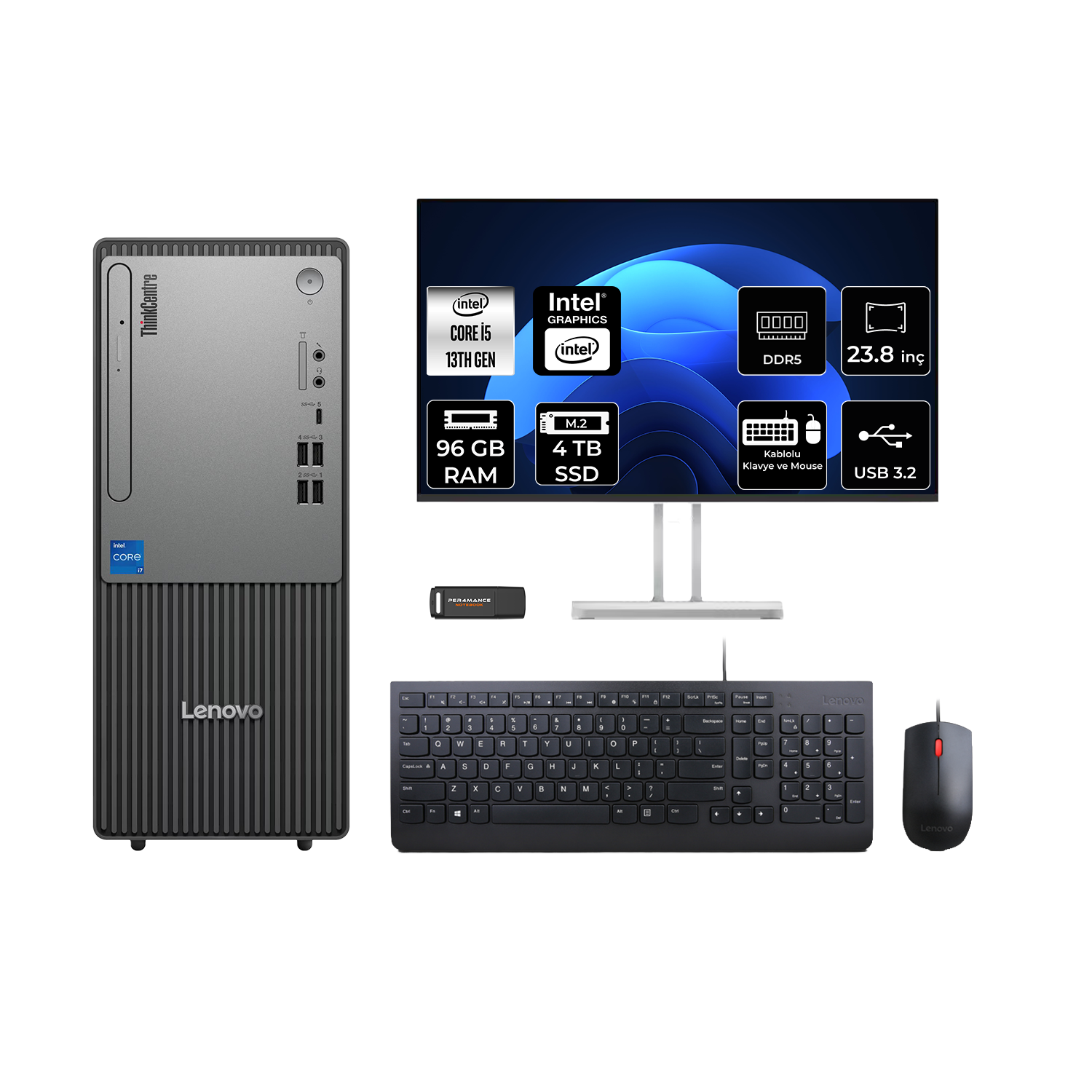 LENOVO ThinkCentre Neo 50T 23.8" 12UB000BTRP620 PER4 Bellek Intel Core i5-13400 96 GB RAM 4 TB SSD FreeDOS Masaüstü Bilgisayar