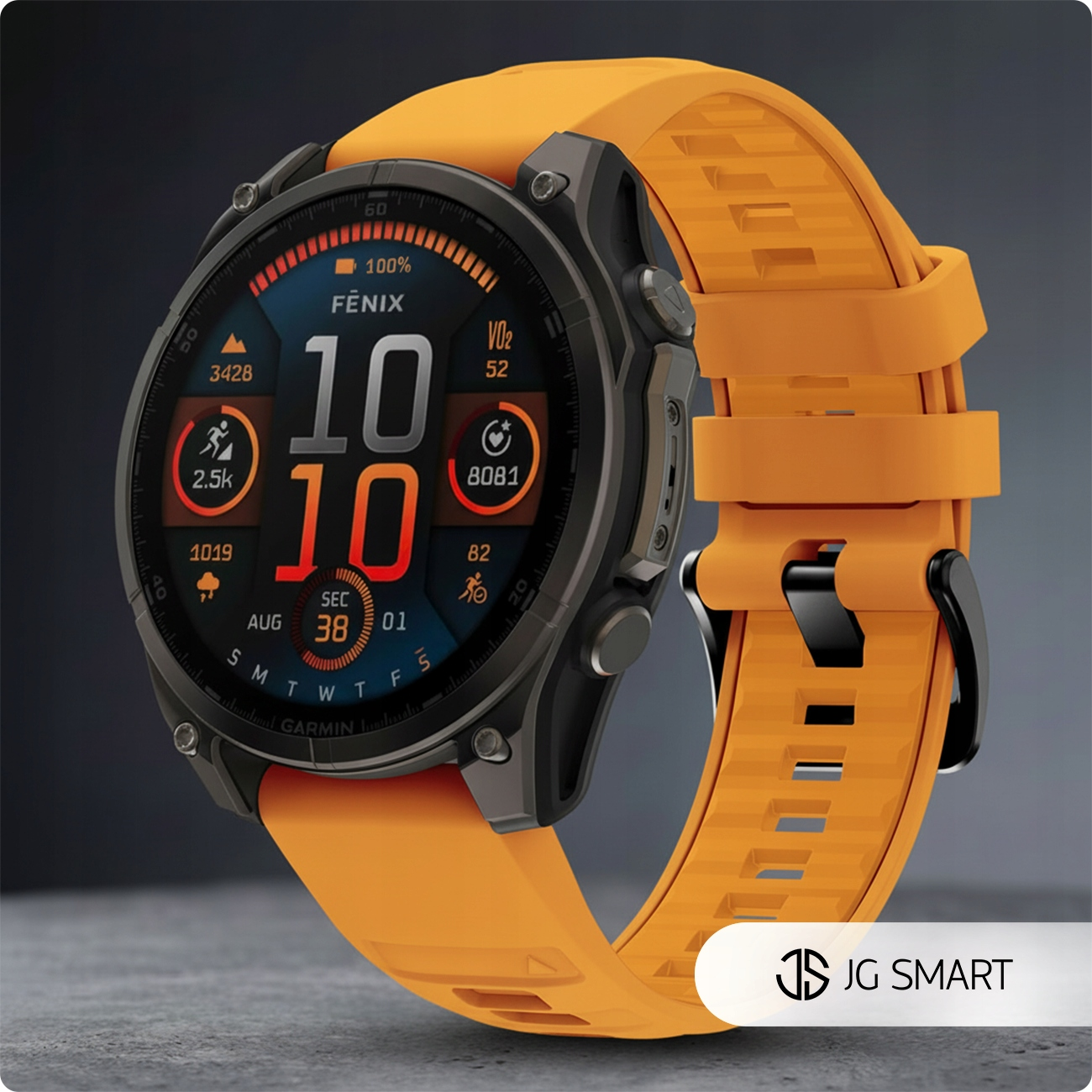 Czarny smartwatch Garmin Fenix z pomarańczowym paskiem wyświetla dane aktywności.