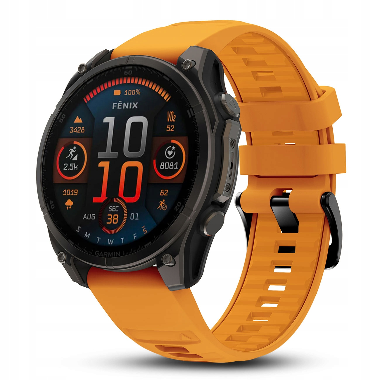 Pomarańczowy smartwatch Garmin Fenix z czarną obudową i wieloma wyświetlaczami.