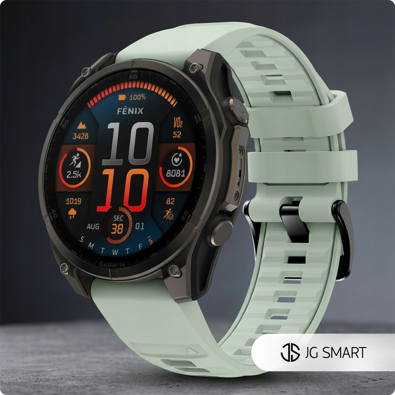 Zielony smartwatch z ciemną ramką wyświetlający różne dane na ekranie.