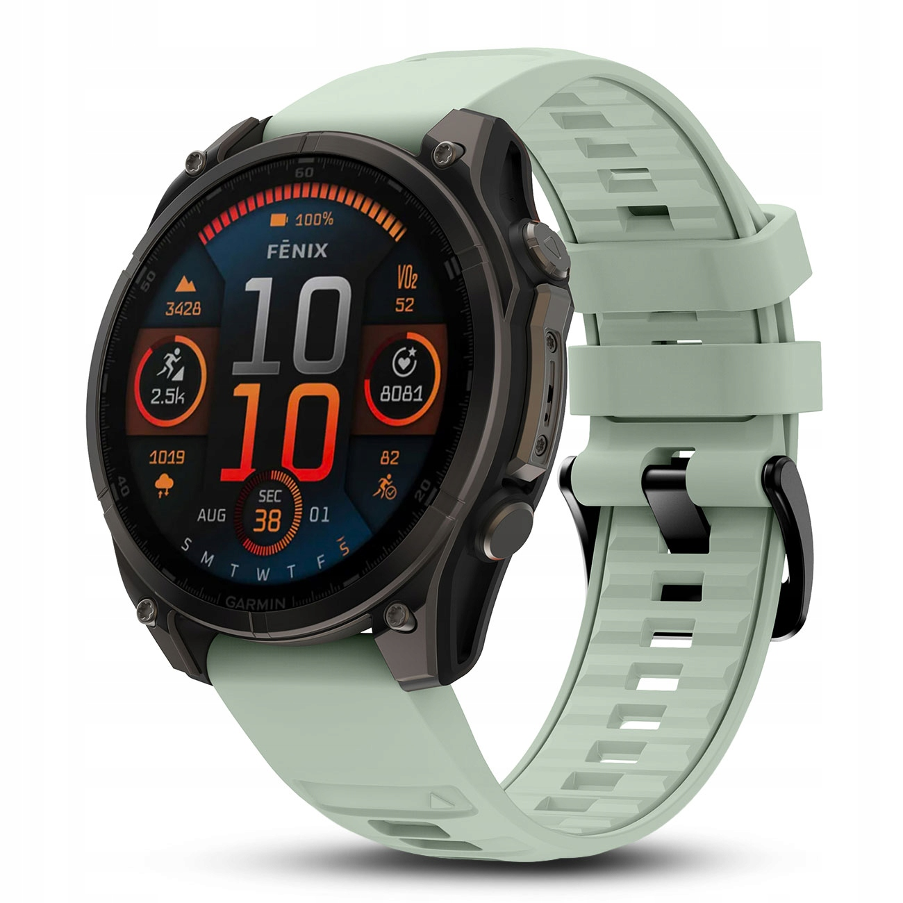 Zielony smartwatch z ciemną ramką, wyświetlający czas i metryki kondycji.