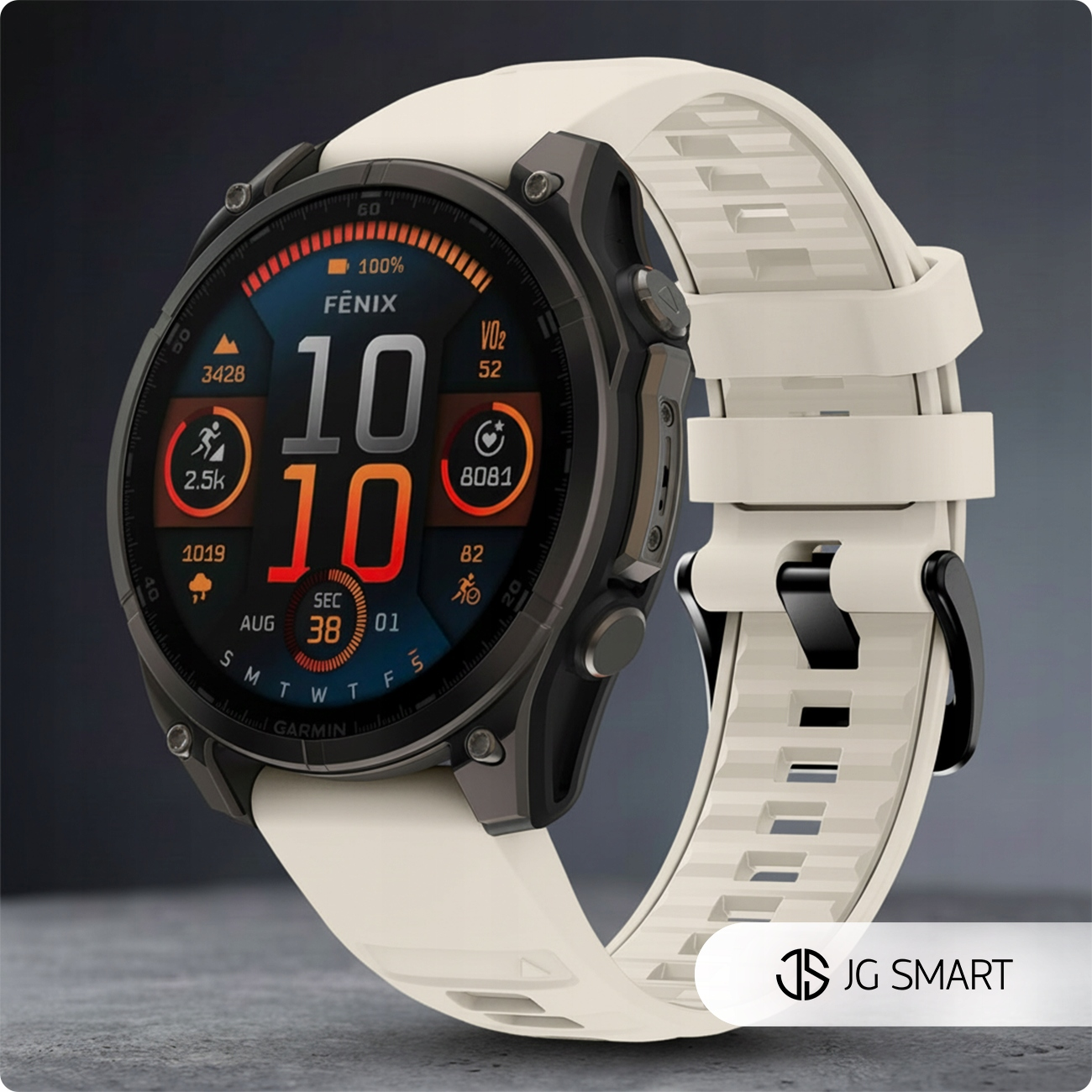 Biały smartwatch z czarną ramką i kolorowym wyświetlaczem na ciemnym tle.