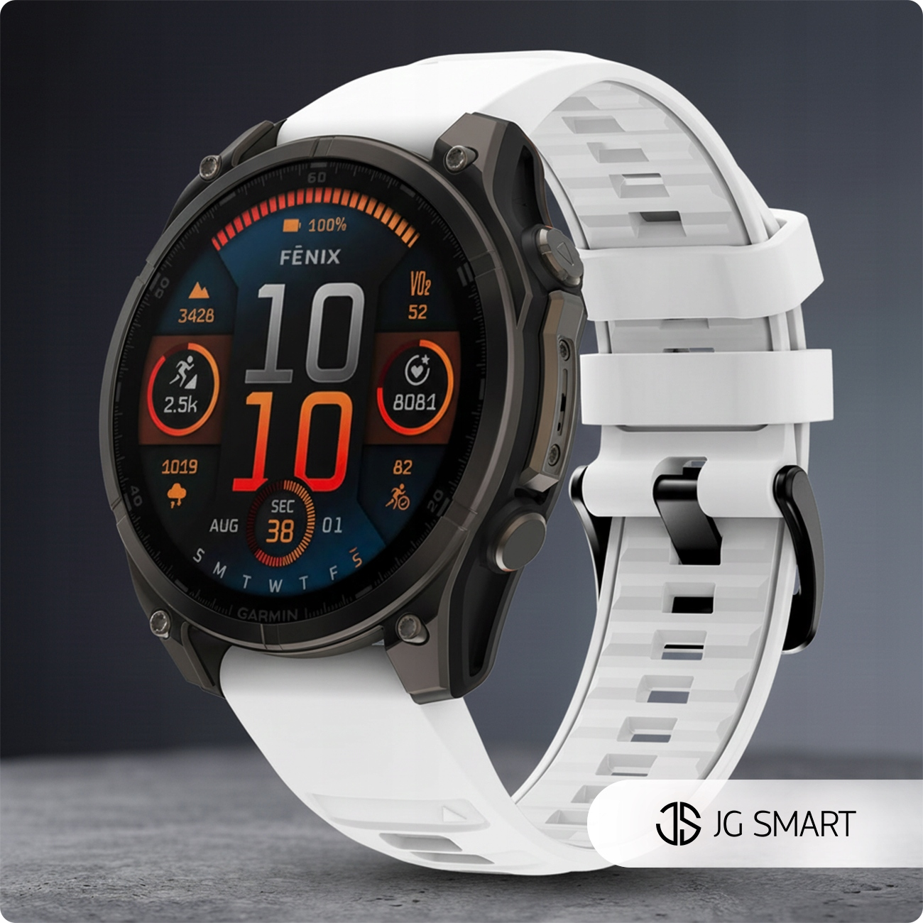Biały smartwatch Garmin Fenix z czarną ramką i kolorowym wyświetlaczem cyfrowym.