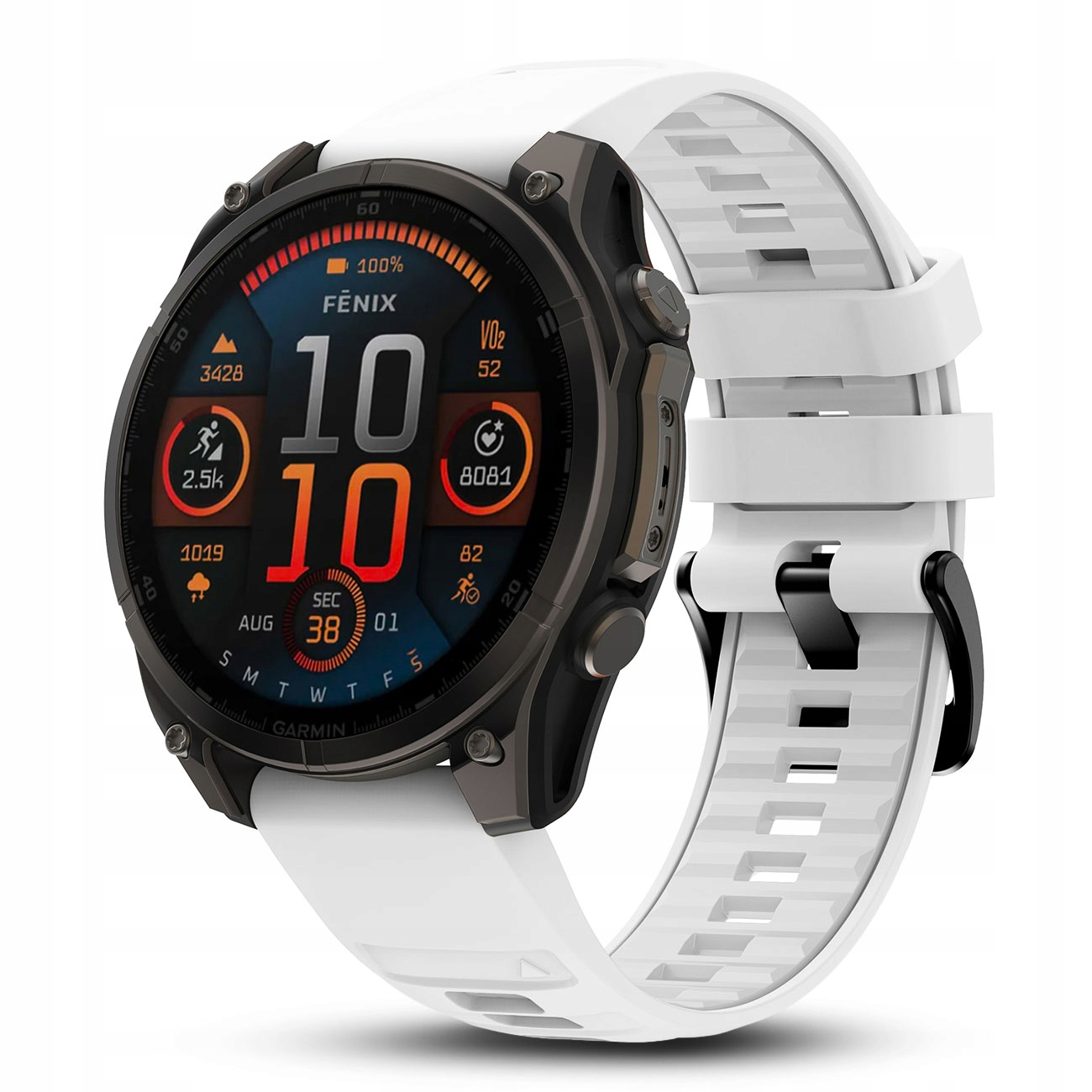 Biały smartwatch Garmin Fenix z ciemną ramką i kolorowym wyświetlaczem cyfrowym.