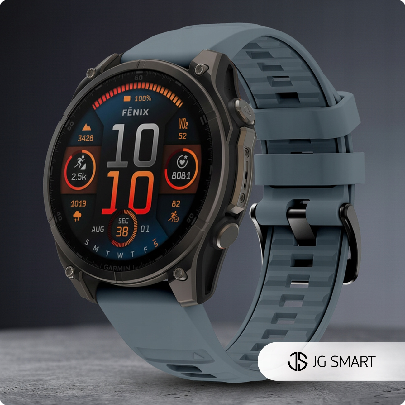 Szary smartwatch z cyfrowym wyświetlaczem pokazującym czas, tętno i wskaźniki aktywności.