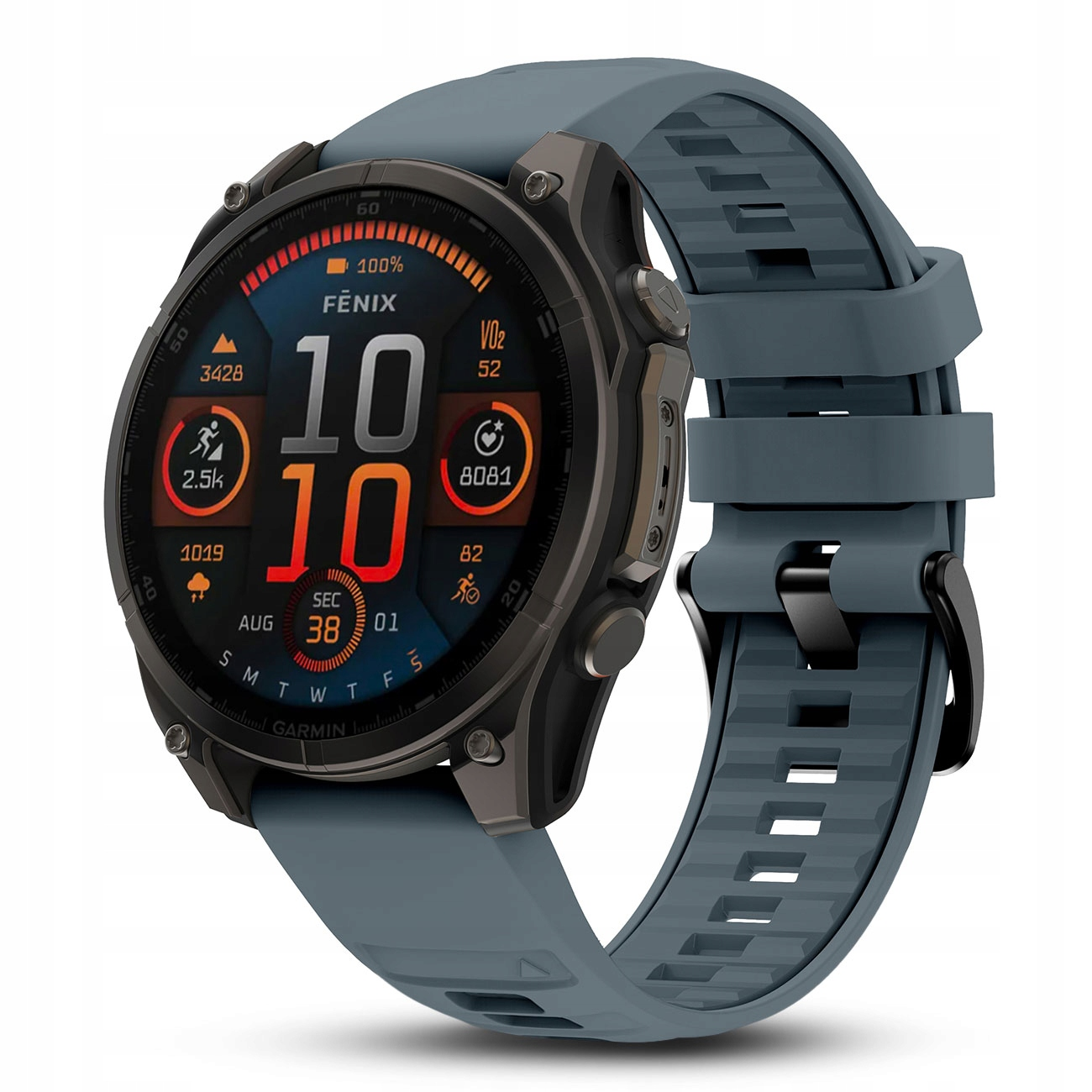 Szary smartwatch Garmin Fenix z ciemnoszarym bezelem i kolorowym wyświetlaczem cyfrowym pokazującym czas i statystyki.