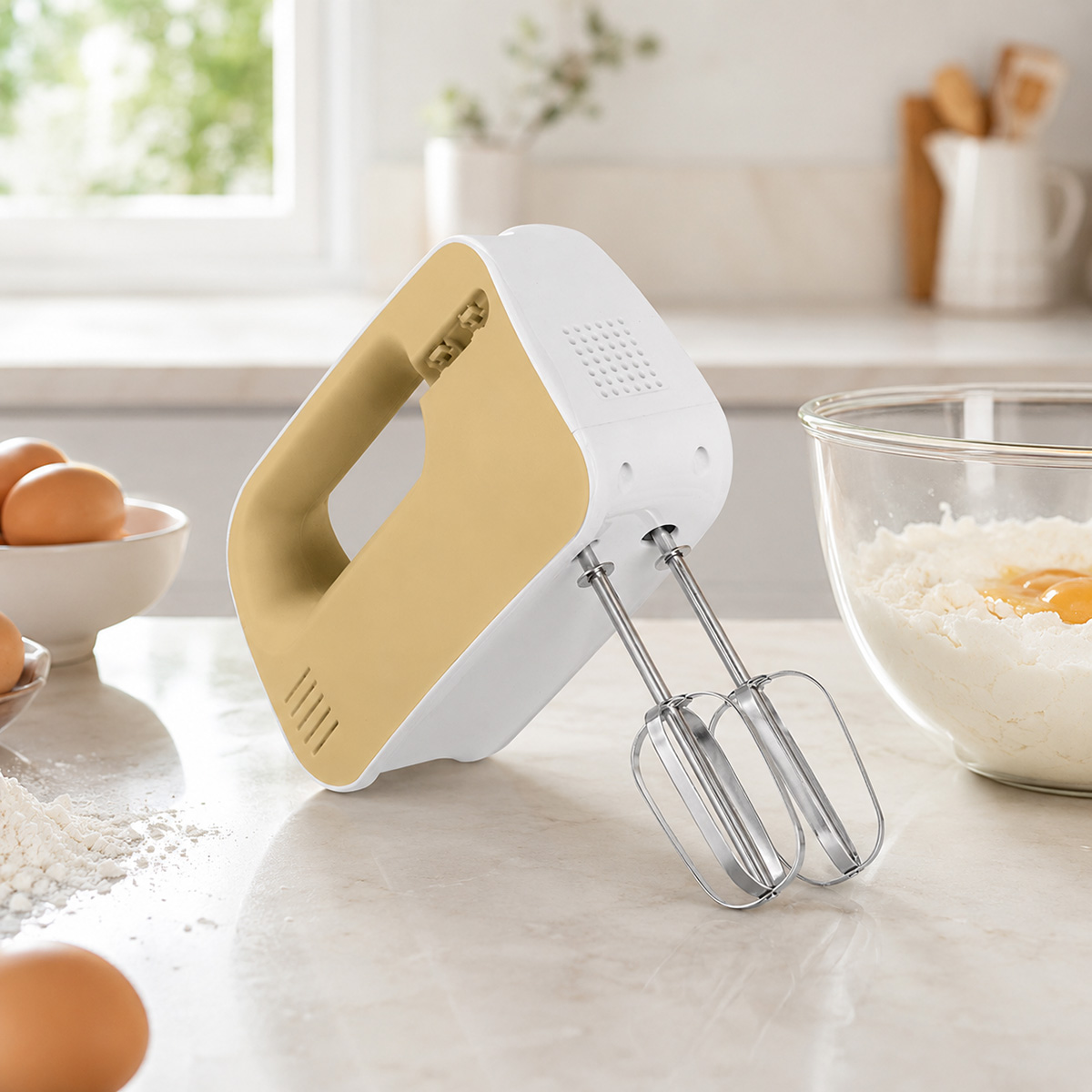 Una batidora de mano blanca con mango dorado junto a un bol con harina y huevos.