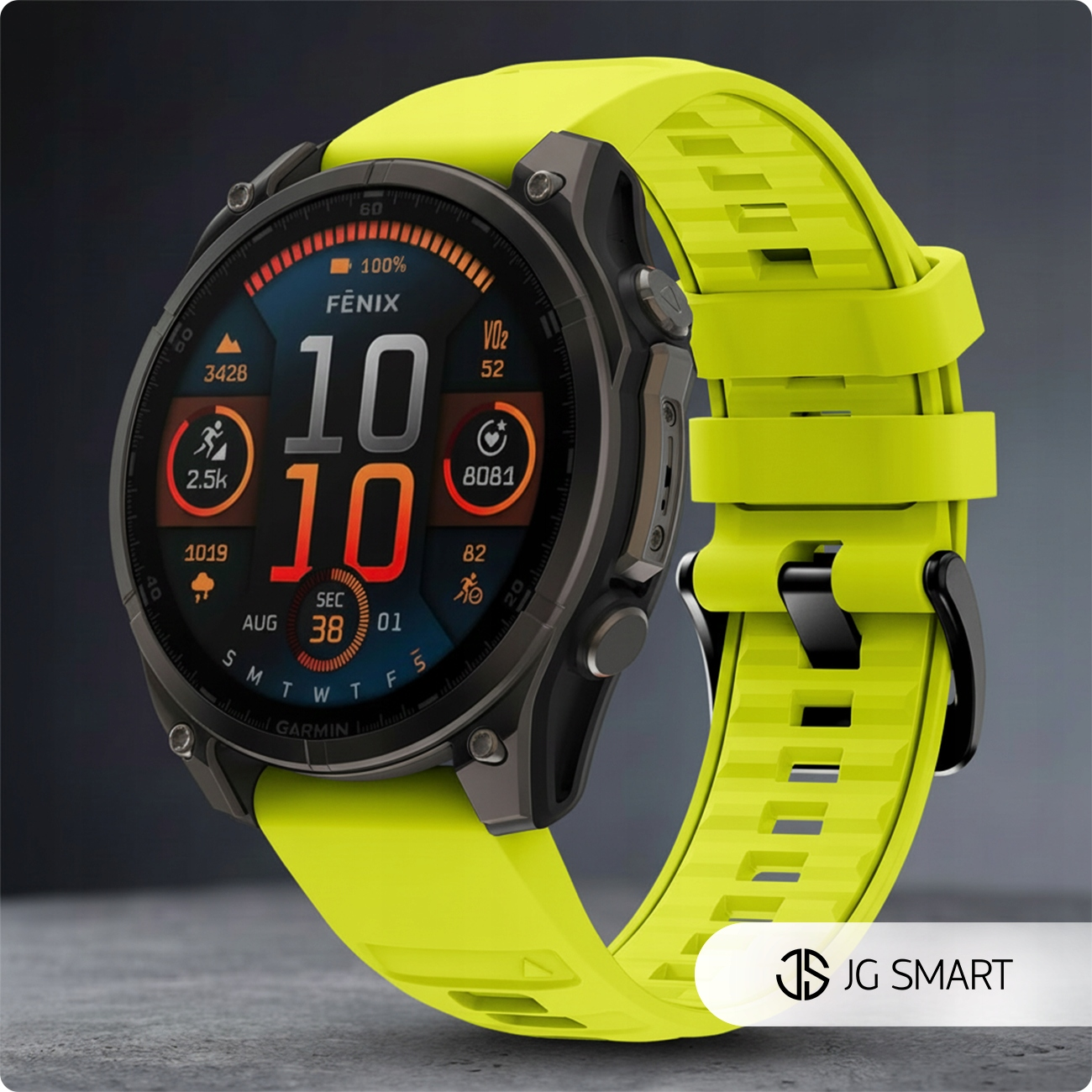 Jasnożółty smartwatch Garmin Fenix z ciemnoszarym bezelem i wieloma wskaźnikami na tarczy.
