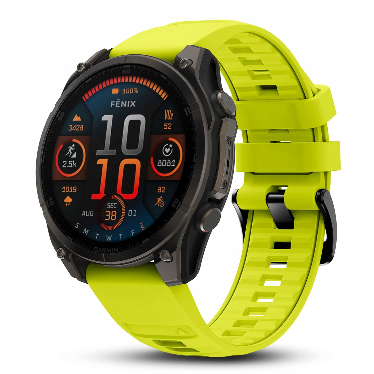 Jasnożółty smartwatch Garmin Fenix z czarną ramką i ekranem pokazującym statystyki.