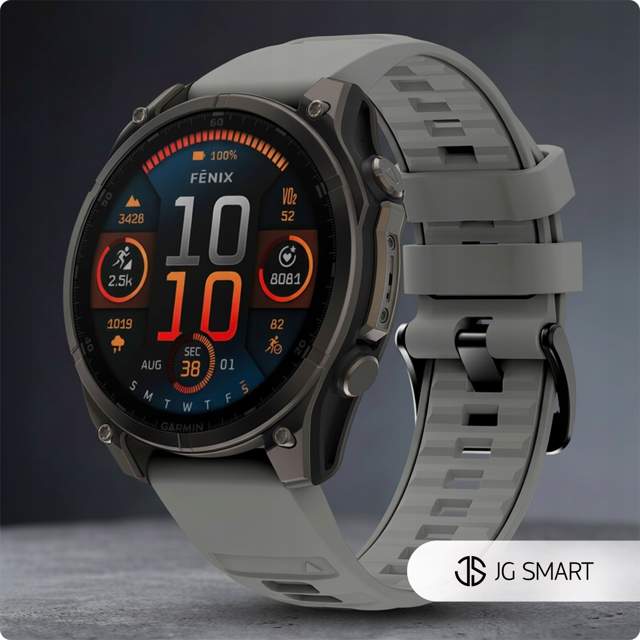 Szara smartwatche z ciemną tarczą pokazującą czas, datę i metryki fitness.
