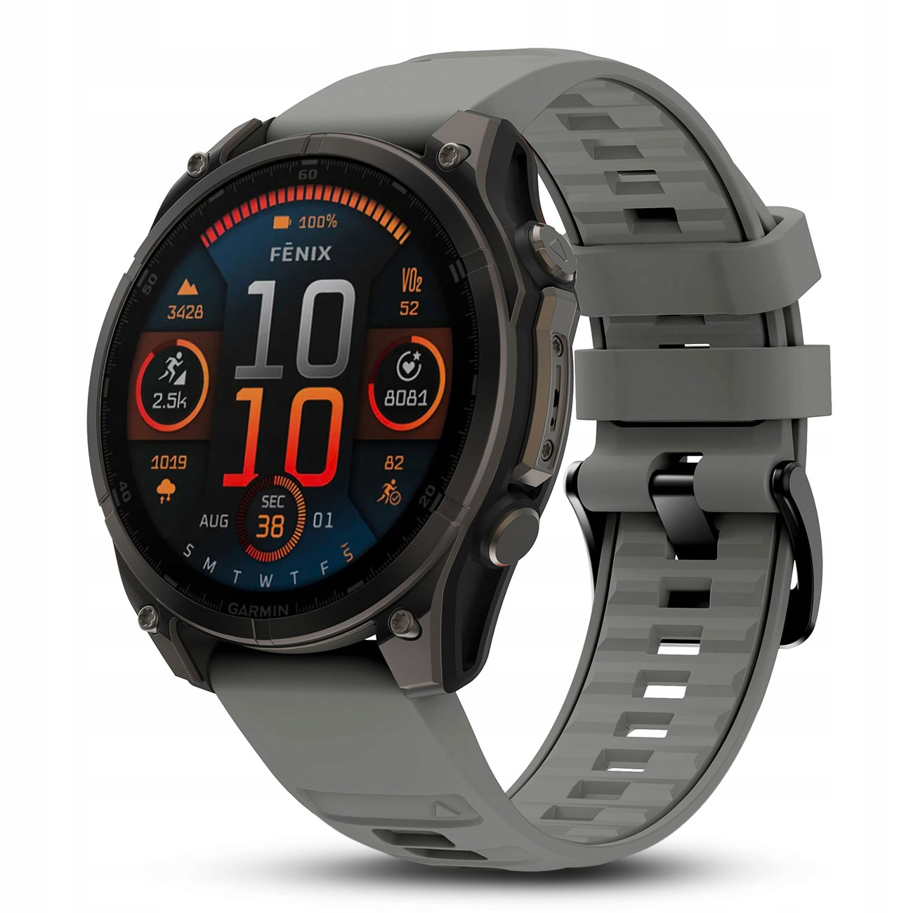 Szary smartwatch z ciemnym wyświetlaczem pokazującym czas, kroki i tętno.