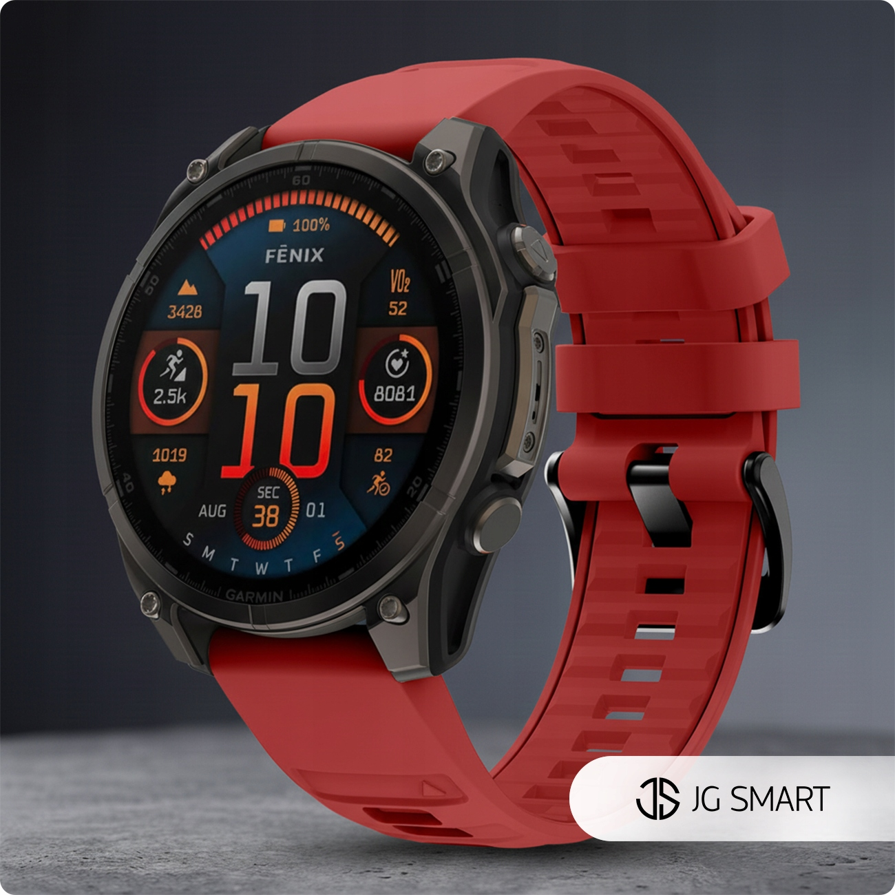 Czerwony smartwatch Garmin Fenix z ciemnoszarym bezelem i kolorowym wyświetlaczem.