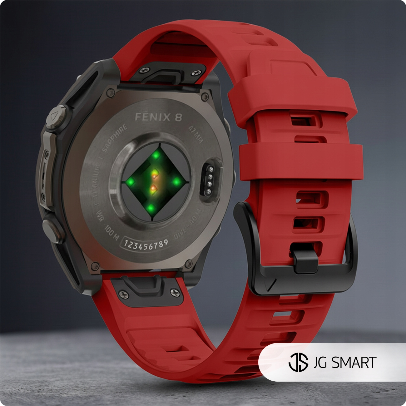 Tył czerwonego smartwatcha Fenix 8 z czujnikiem tętna i czarną klamrą.