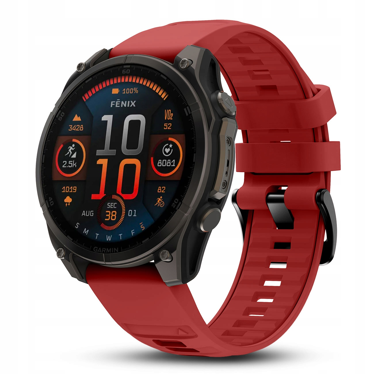 Czerwony smartwatch z ciemną obudową i cyfrowym wyświetlaczem.