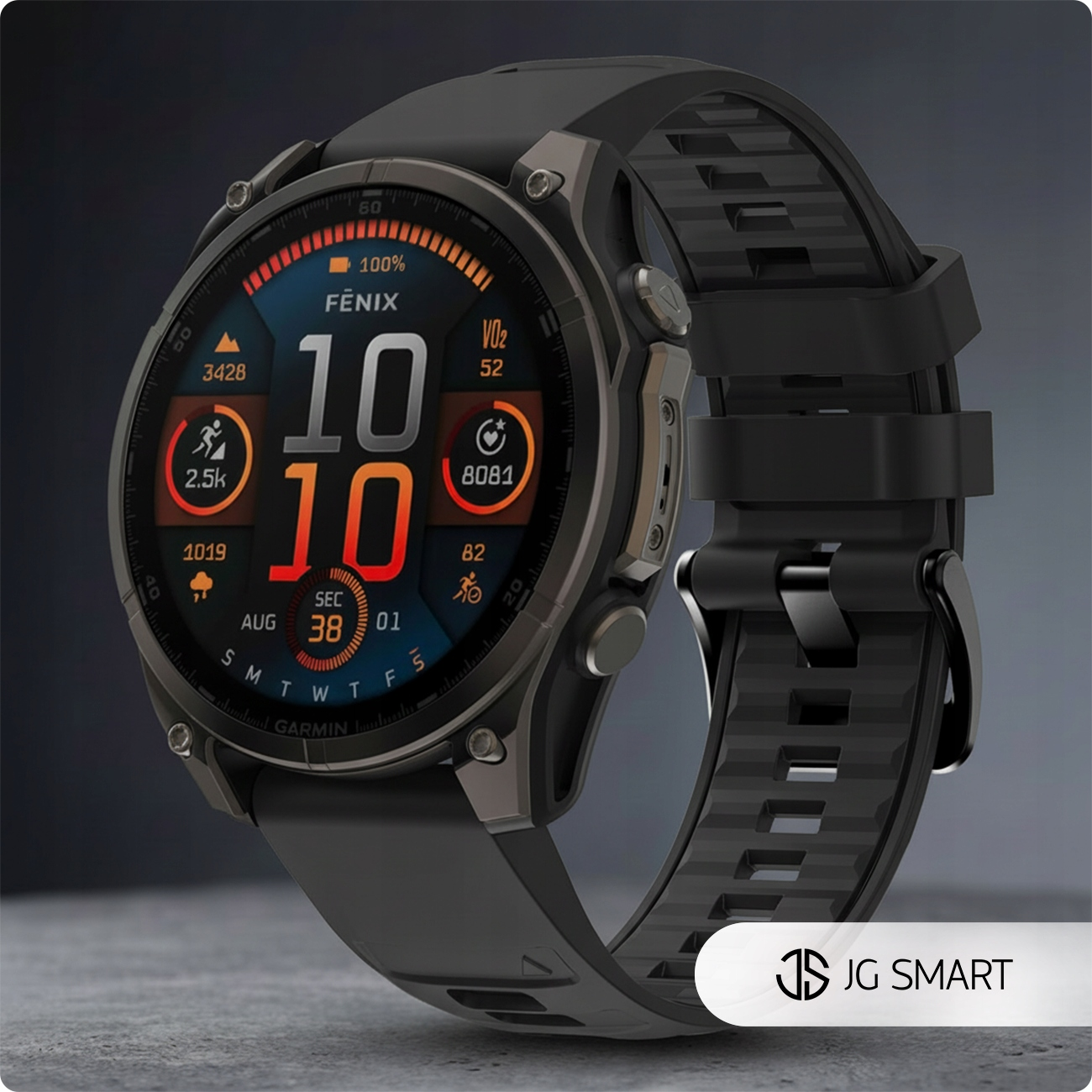 Czarny smartwatch ze szczegółową tarczą pokazującą godzinę, kroki i pogodę.