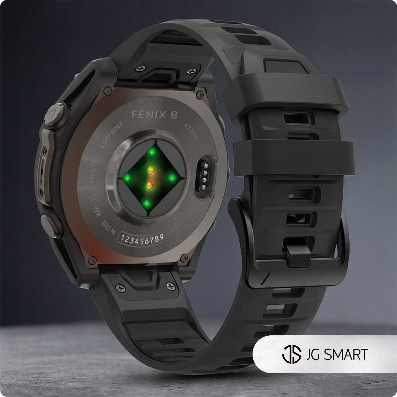 Tył czarnego smartwatcha Fenix 8 z czujnikami tętna i pinami ładującymi.