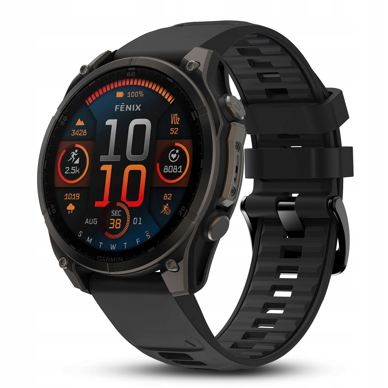 Czarny smartwatch z okrągłym wyświetlaczem pokazującym godzinę, dane aktywności i pogodę.