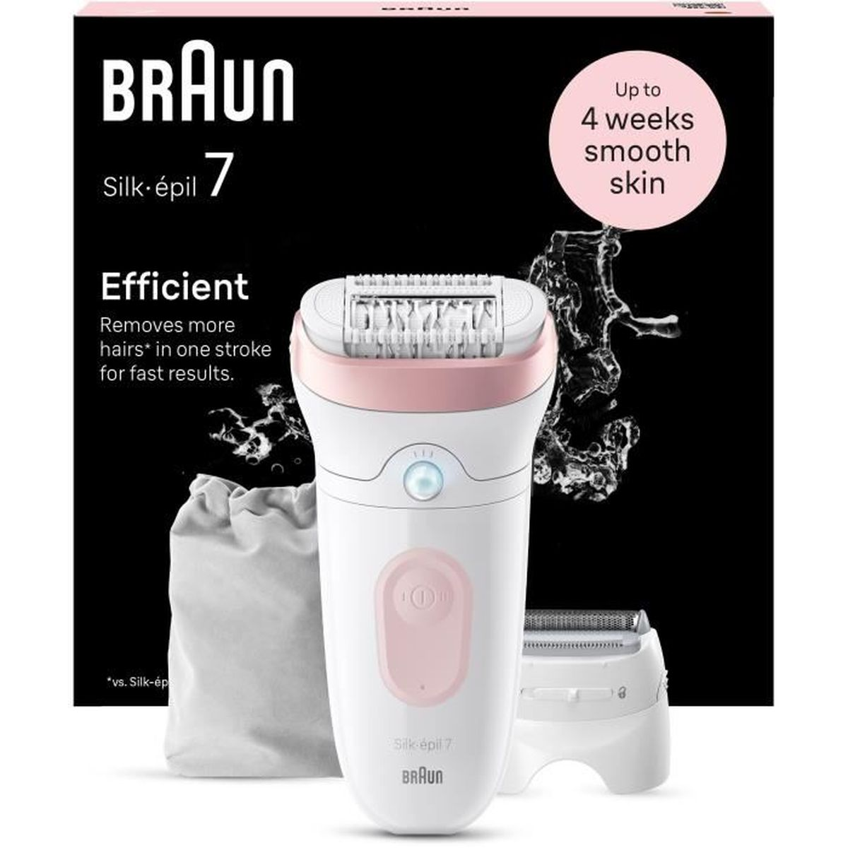 Depilator Braun Silk-épil 7 z akcesoriami na czarnym tle.