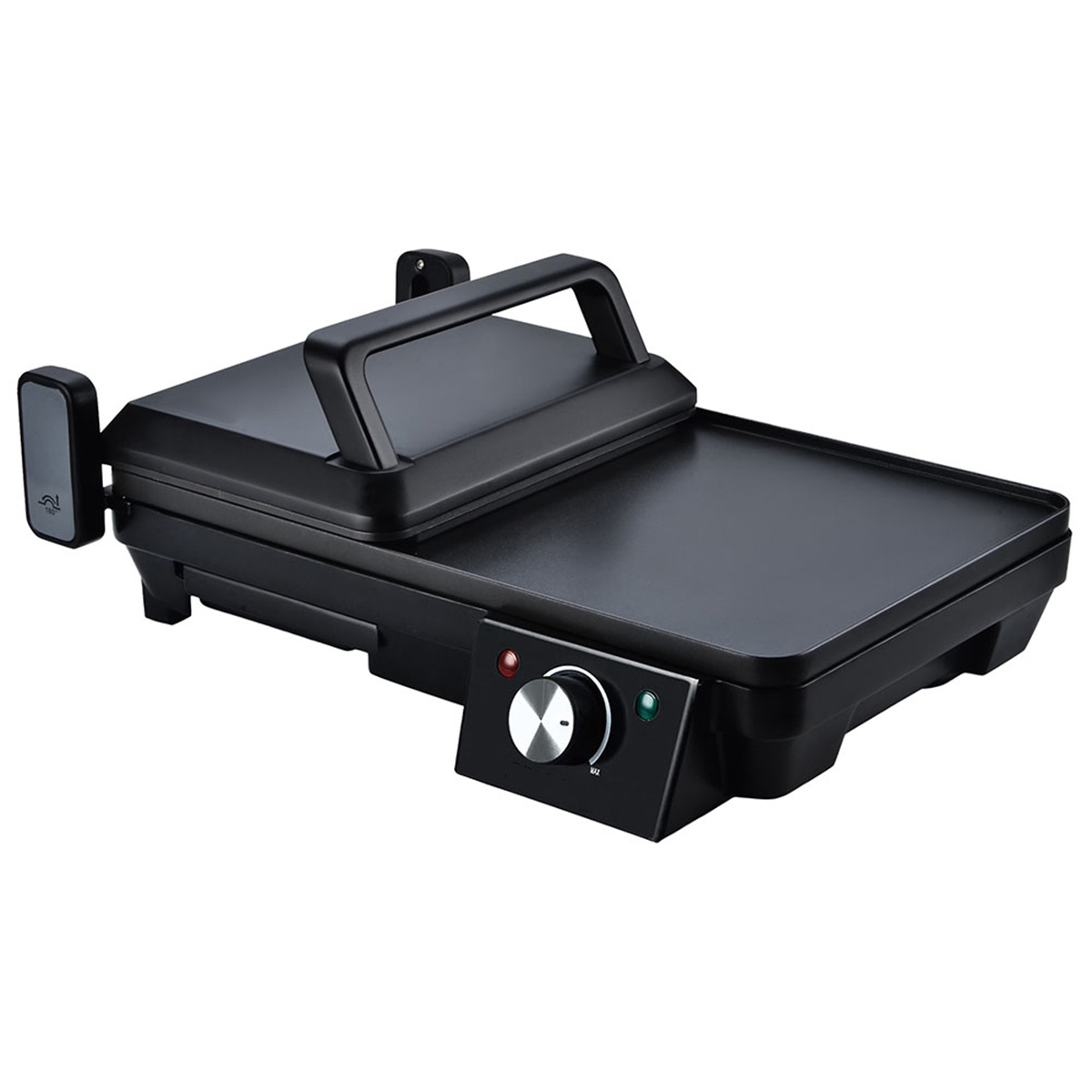 Una parrilla eléctrica negra con dial plateado y luces indicadoras.