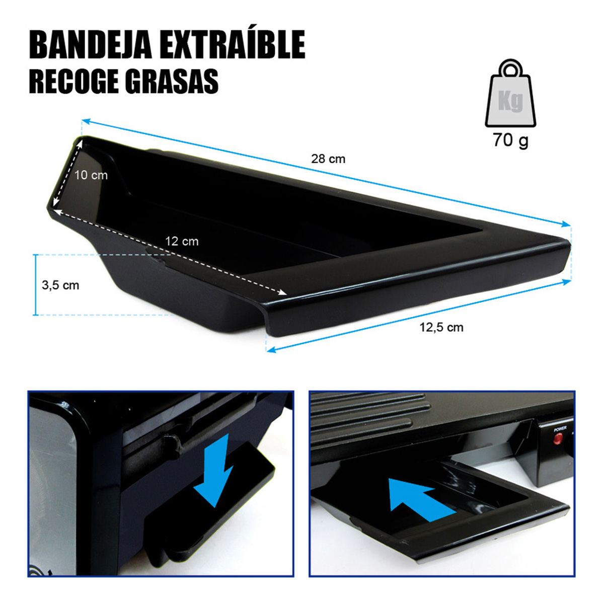 Bandeja recogegrasas negra, dimensiones: 28x12,5x10 cm, peso 70g.