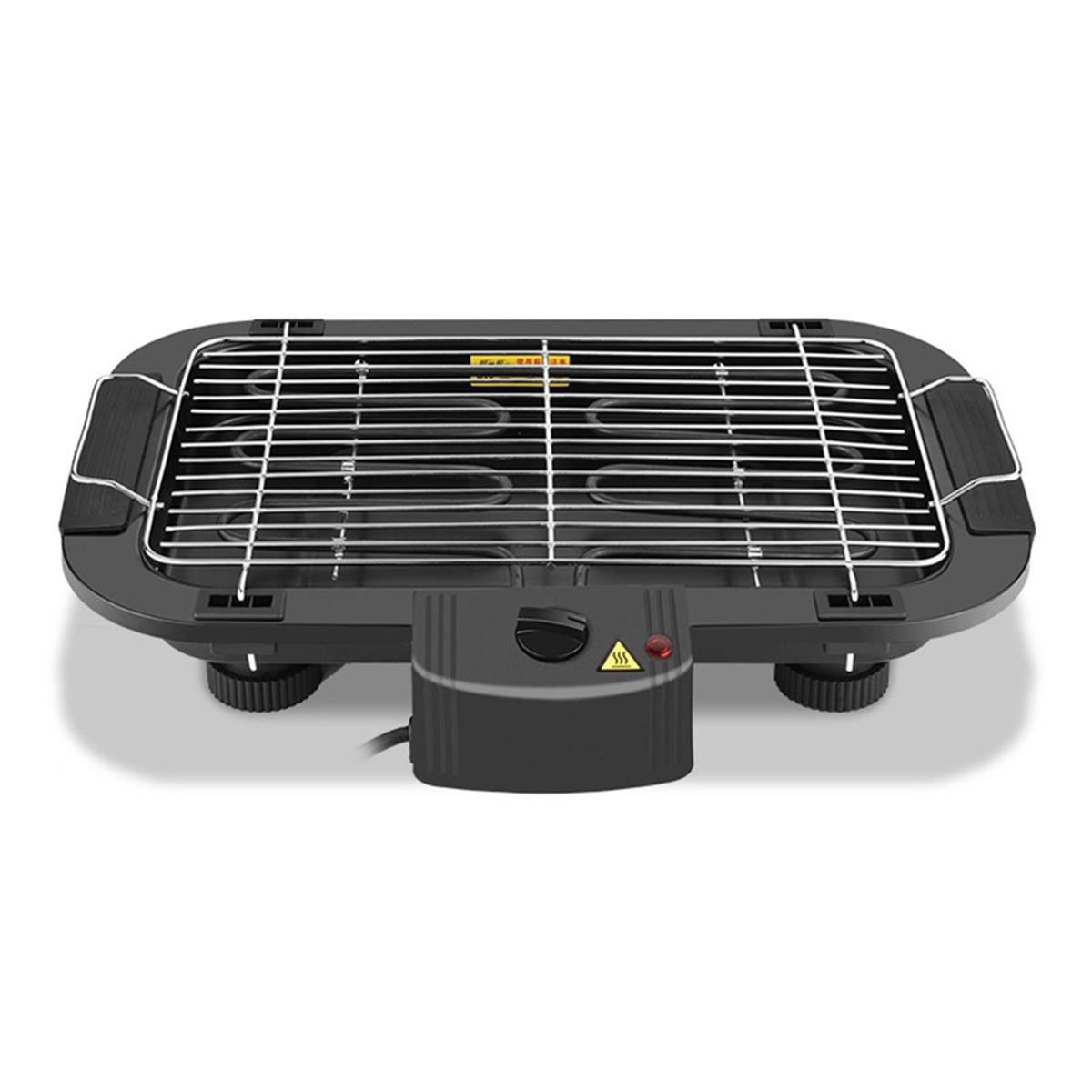 Parrilla eléctrica con rejilla cromada y cuerpo negro. Resistencia visible.