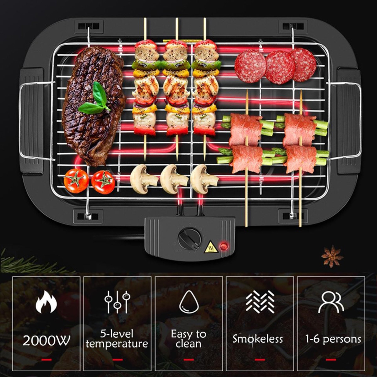 Una parrilla eléctrica con filete, brochetas, salchicha y champiñones. Iconos de potencia y limpieza debajo.