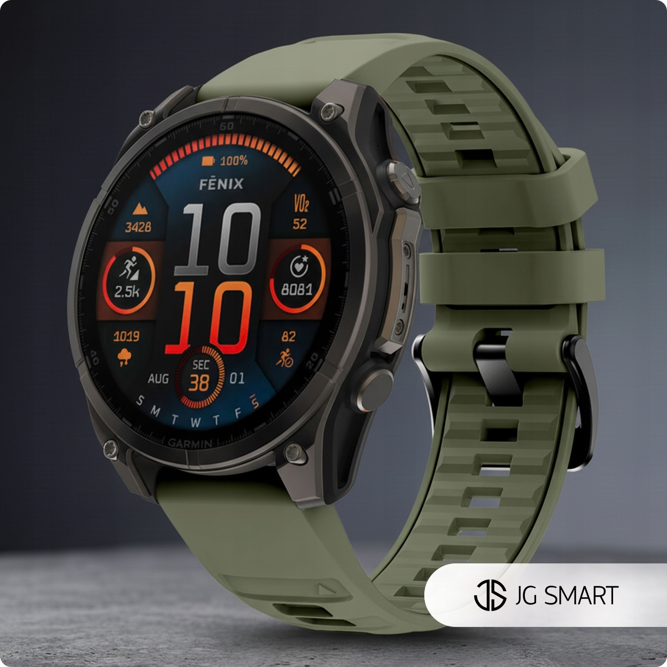 Zielony smartwatch Garmin Fenix z czarną ramką i szczegółowym wyświetlaczem cyfrowym.