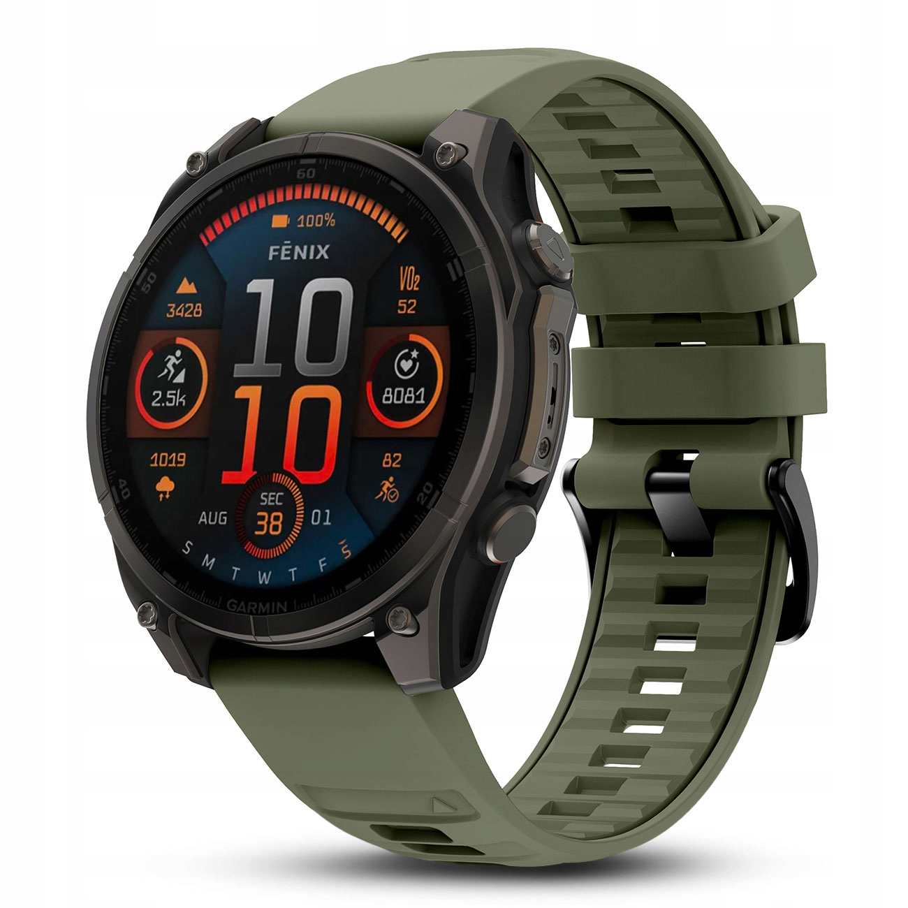 Zielony smartwatch z ciemną tarczą wyświetlającą szczegółowe dane sportowe.