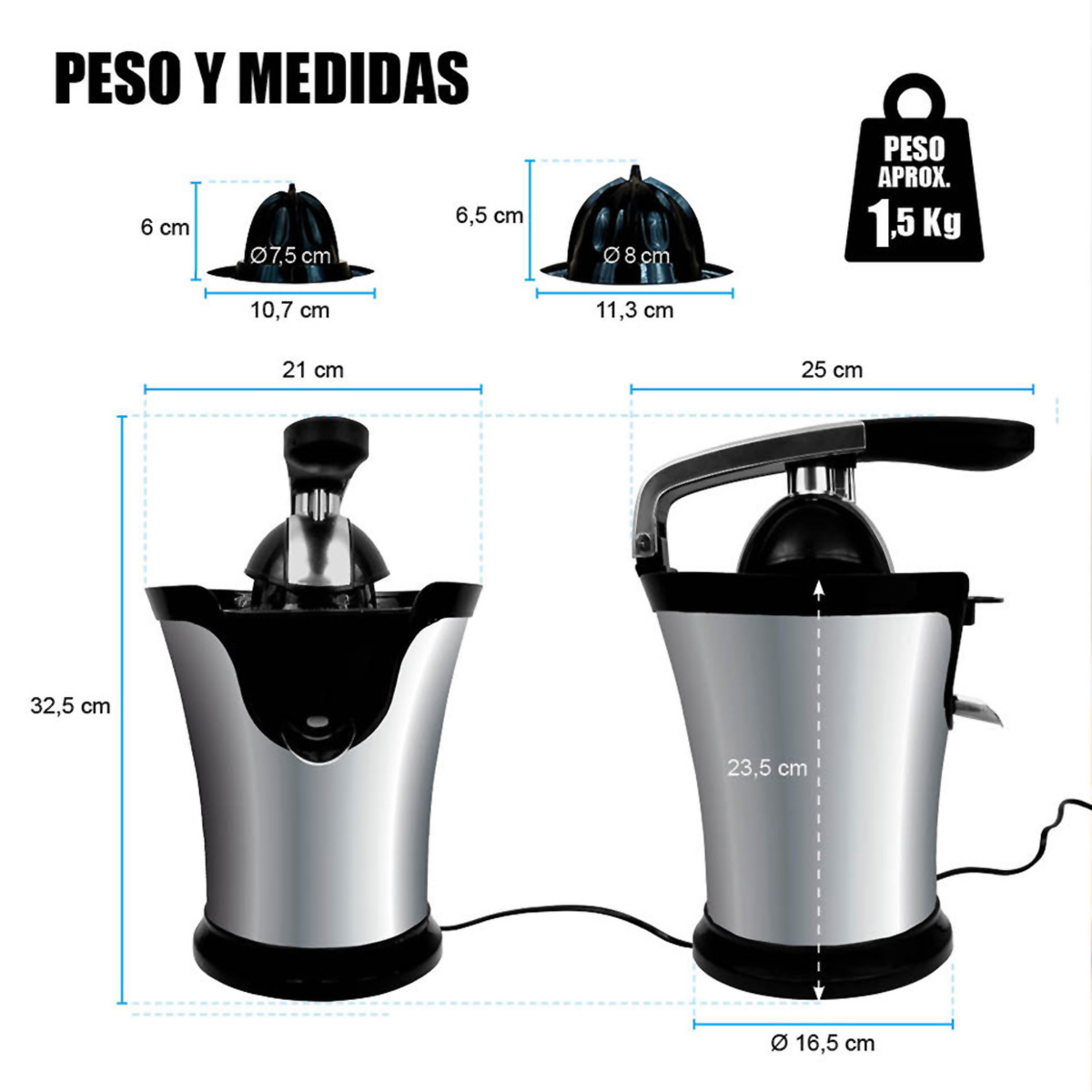 Exprimidor con medidas y peso. Dos vistas, accesorios y detalles.