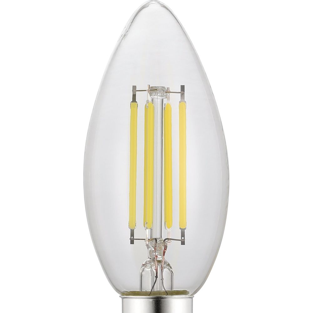 Una lampadina a candela trasparente con quattro filamenti LED gialli all'interno.