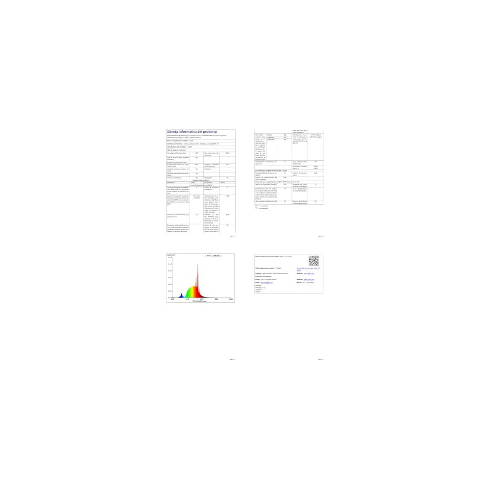 Grafico mostra dati spettro luminoso, accanto foglio informativo prodotto.