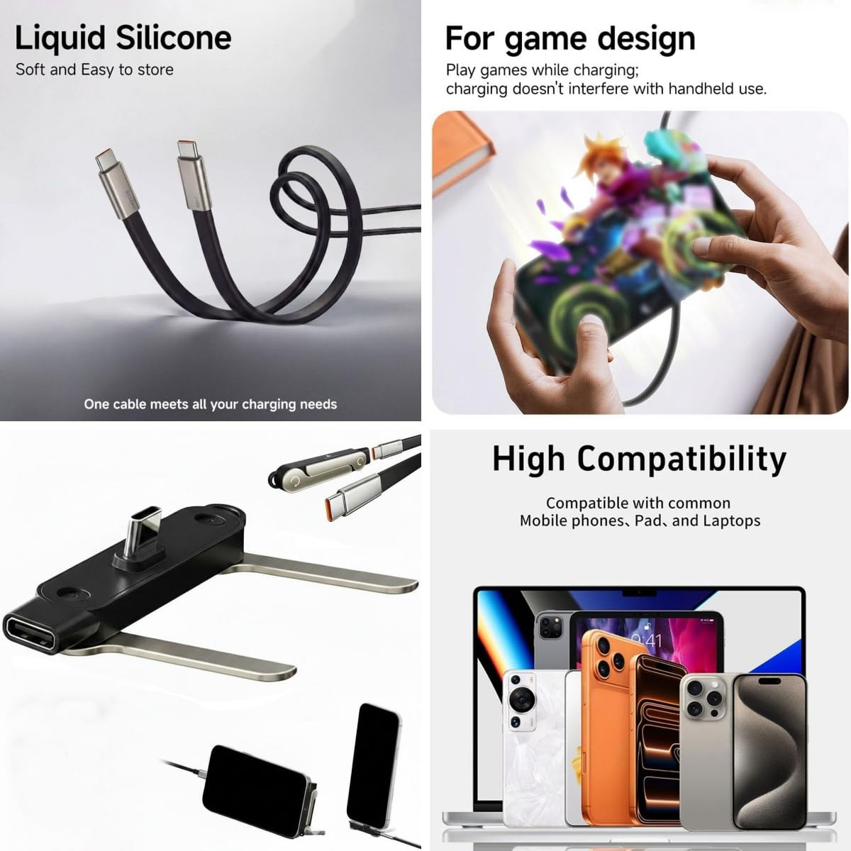 Cuatro imágenes de collage: cables, juegos, adaptador y teléfonos.