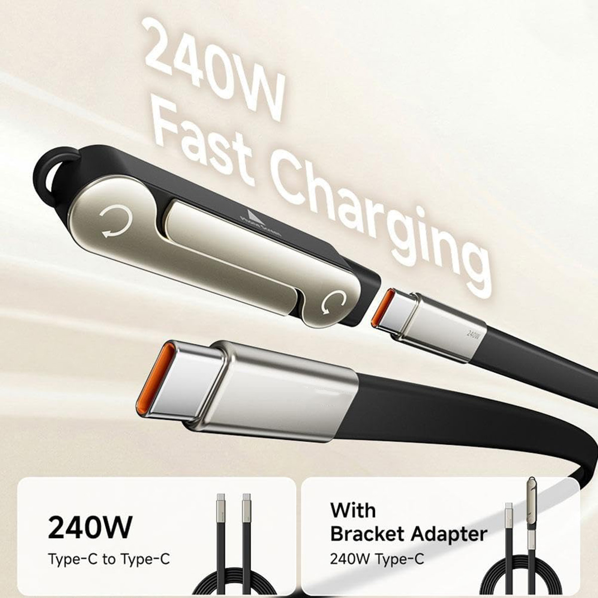 Cable de carga USB-C de 240W con conectores plateados y cable negro.