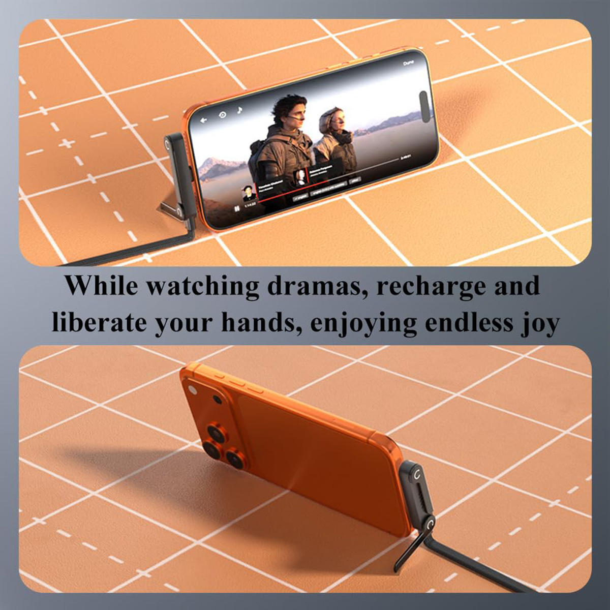 Un teléfono inteligente naranja sobre un soporte reproduciendo una película.