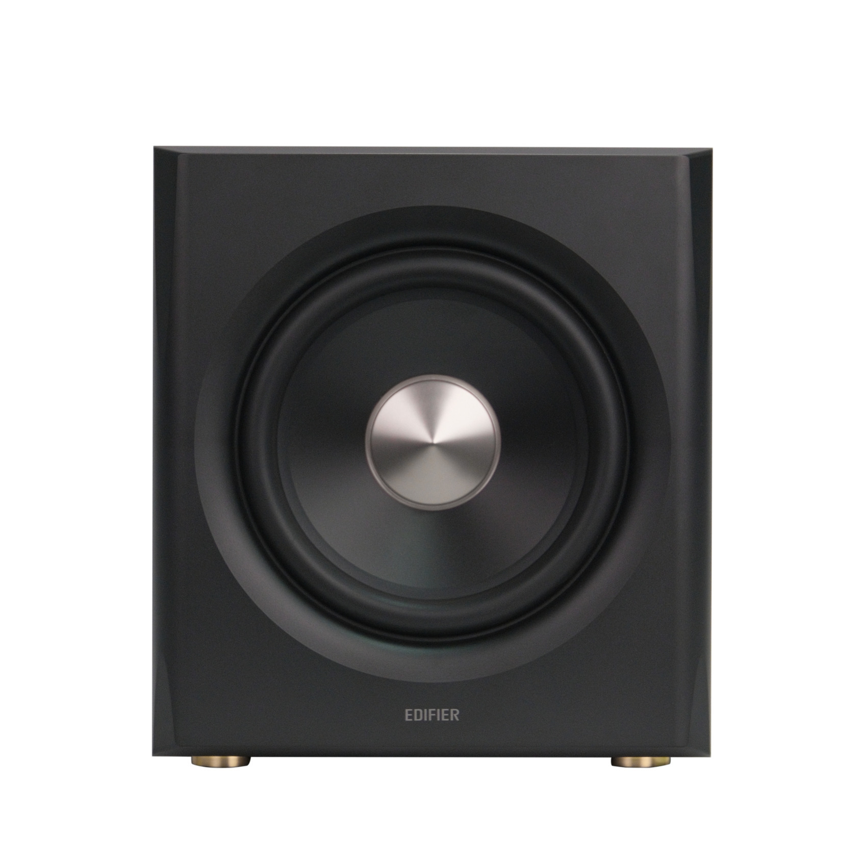 Schwarzer Subwoofer mit silbernem Mittelpunkt und EDIFIER-Logo.